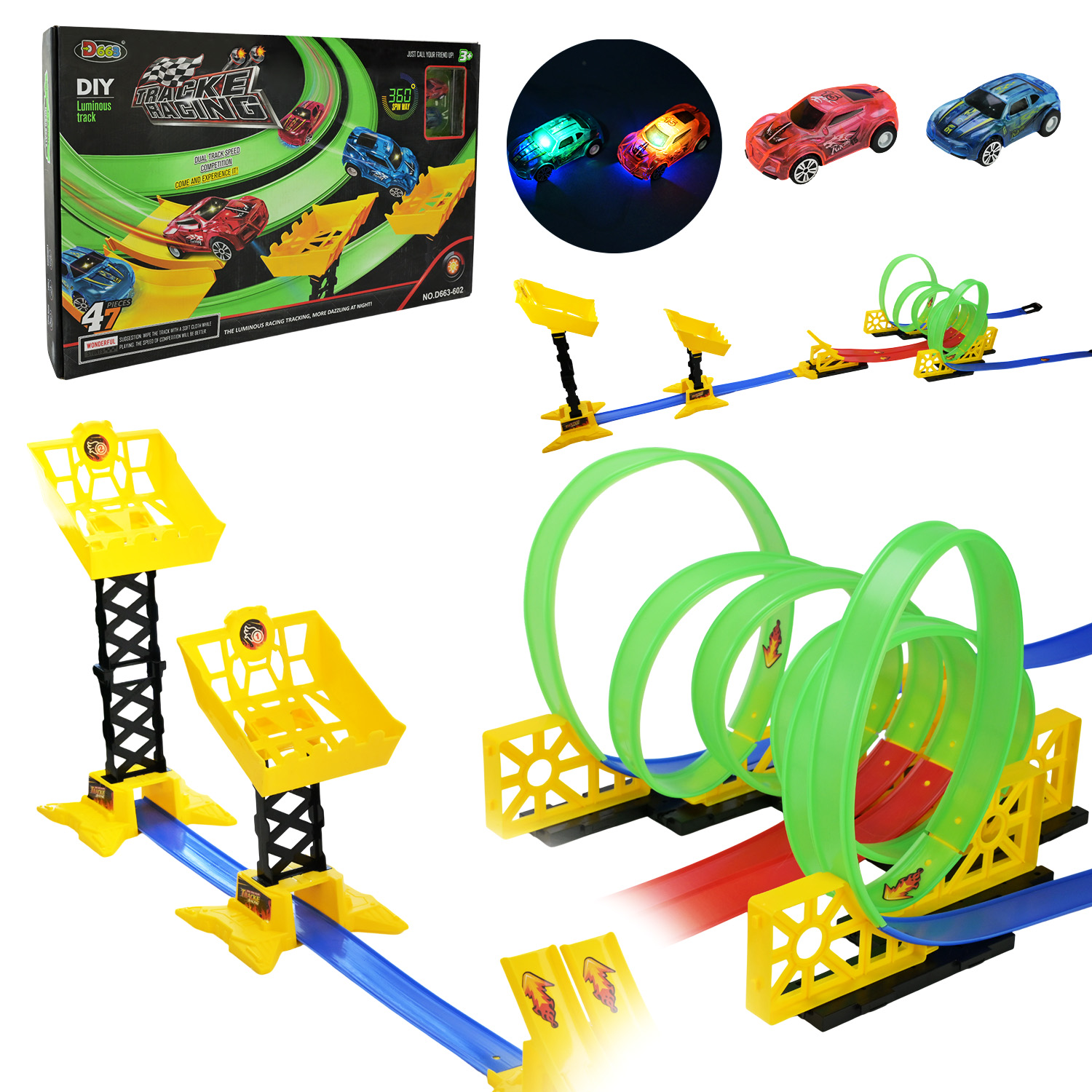 Трек арт. D663-602 (12шт/2)+2 машини,батар.,світиться у темряві,короб. 65*40*7см
