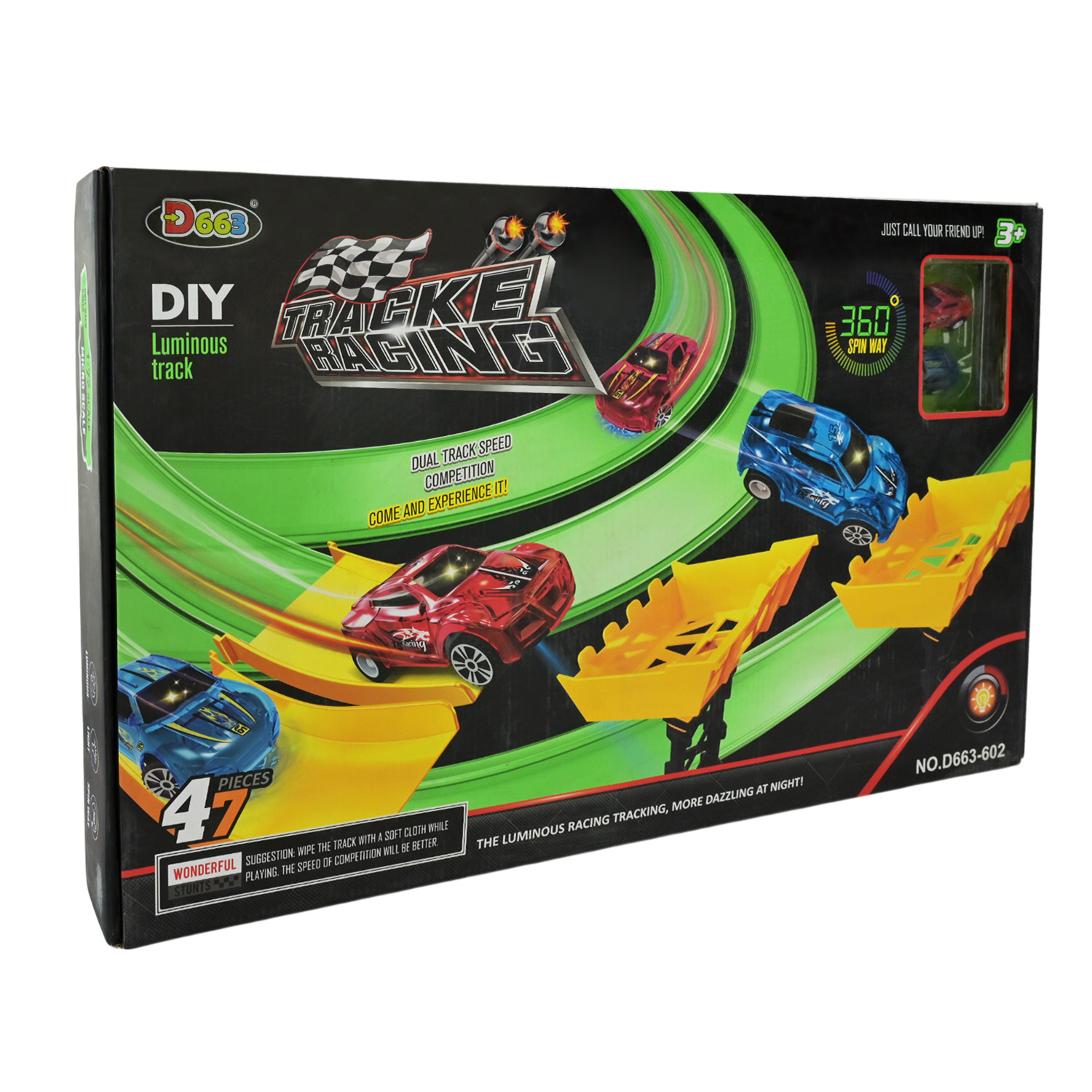 Трек арт. D663-602 (12шт/2)+2 машини,батар.,світиться у темряві,короб. 65*40*7см