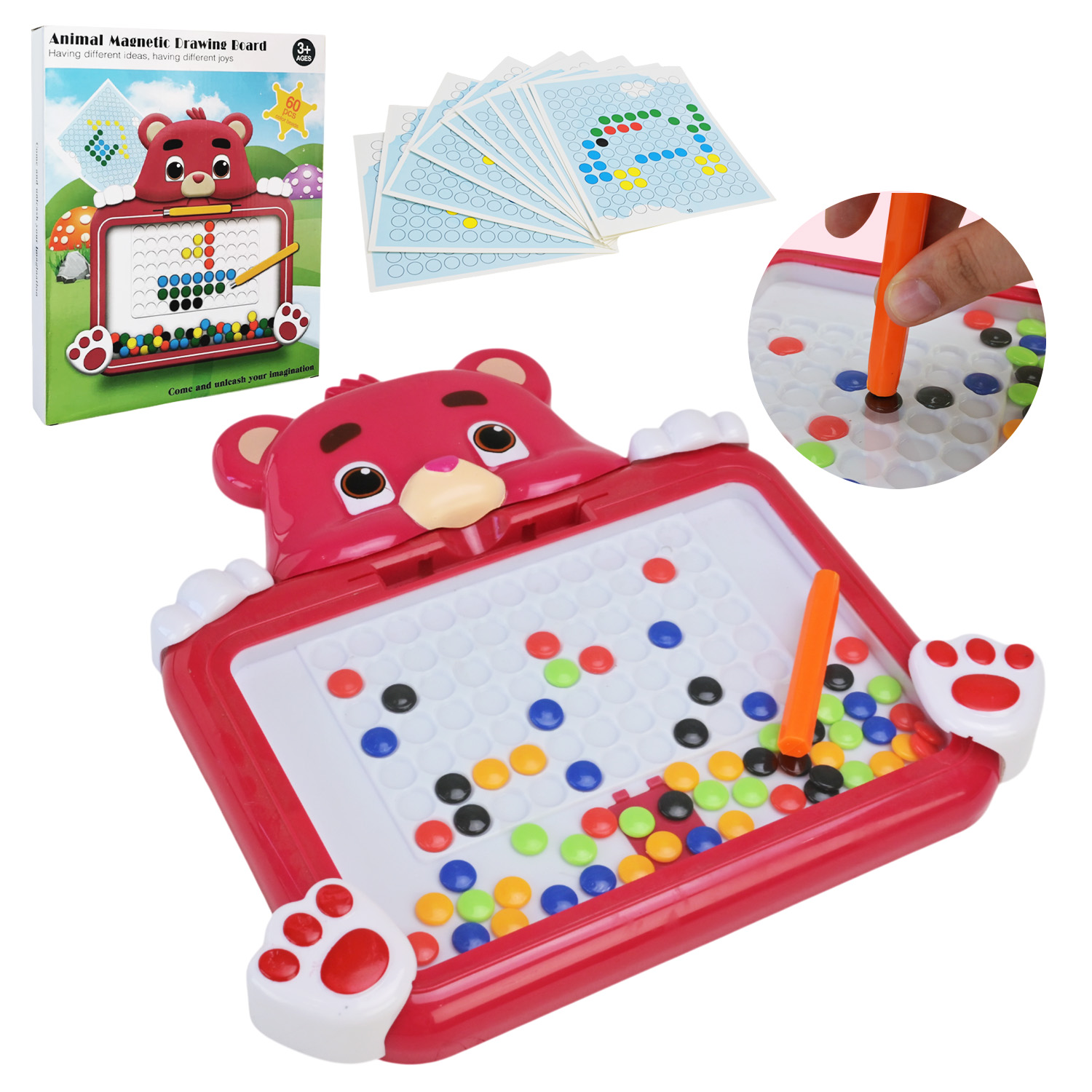 Мозаїка-магнитна арт. W6502 (100шт) дощечка р-р 29*27*3 см, магнітний стилус, 10 двохсторон.карток з малюнками, короб. 26*3*31см