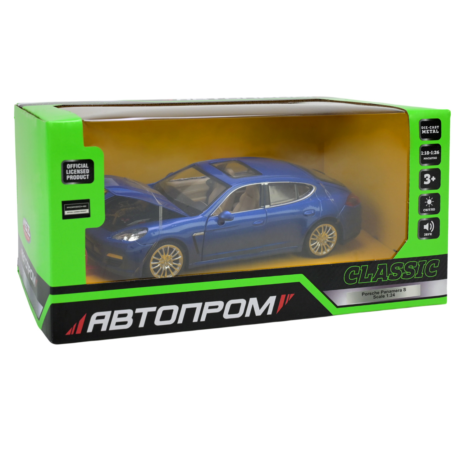 Машина мет. АВТОПРОМ арт. 68245A (12шт/2), 1:24 "Porsche Panamera S" 2 кольор.,батар.,світ., звук, відкр.двері, капіт, багаж., короб. 24,5 * 12 * 10см