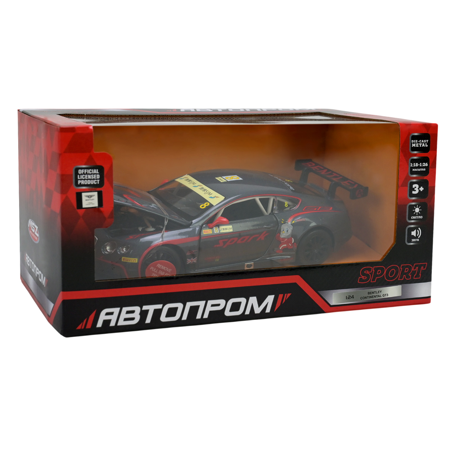 Машина мет. АВТОПРОМ арт. 68267A (12шт/2) 1:24 "Bentley Continental GT3 Concept", батар.,св, зв, відк.двері,капот,багаж., короб. 24,5*12*10см