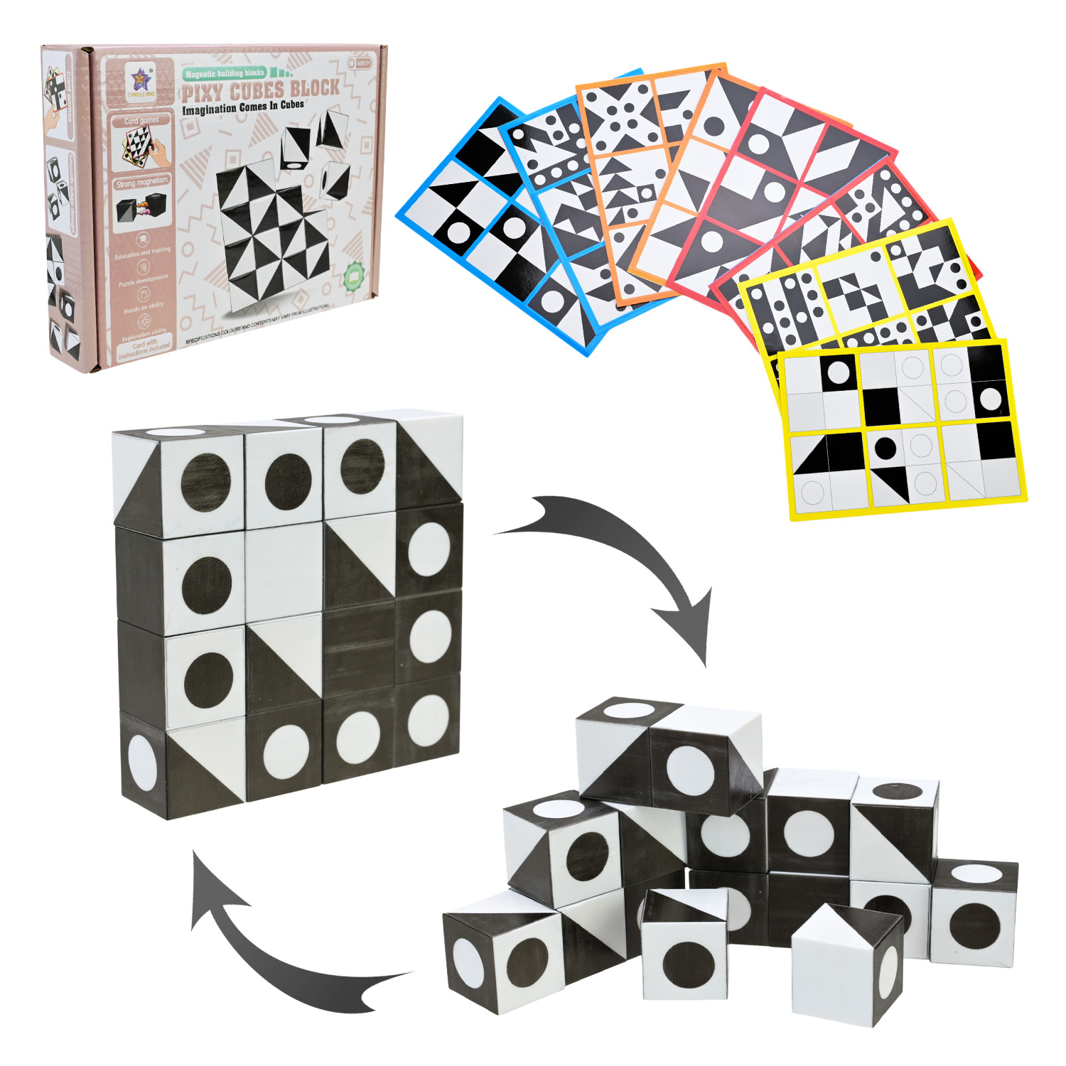 Магнітні кубики арт. FD136-1 (144шт/2) завдання на картках, короб. 19*3,5*14 см