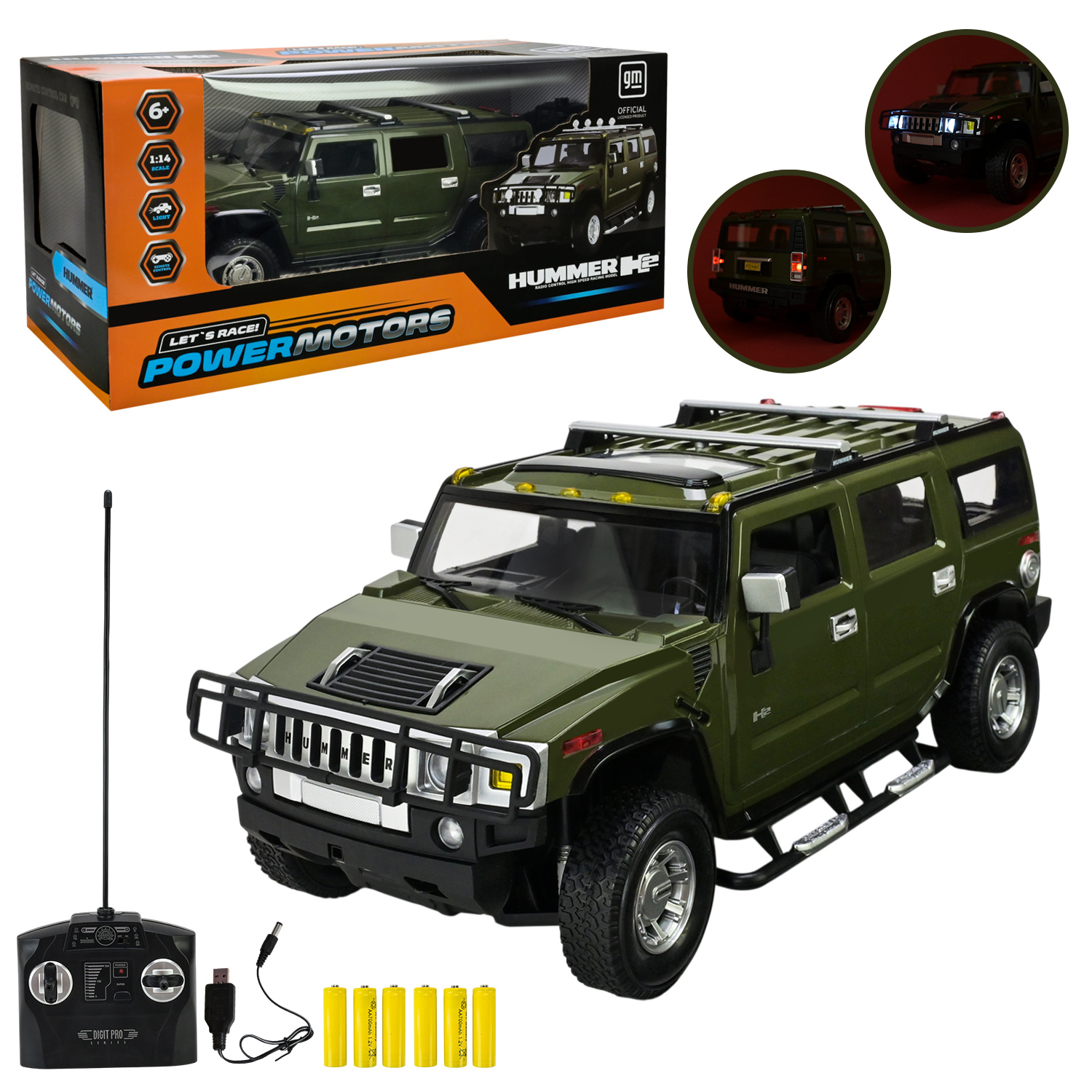 Машина р/к арт. PM1401 (12шт),"POWERMOTORS",1:14 HUMMER H2,світло, акум.бат у кор.49*23*23см.