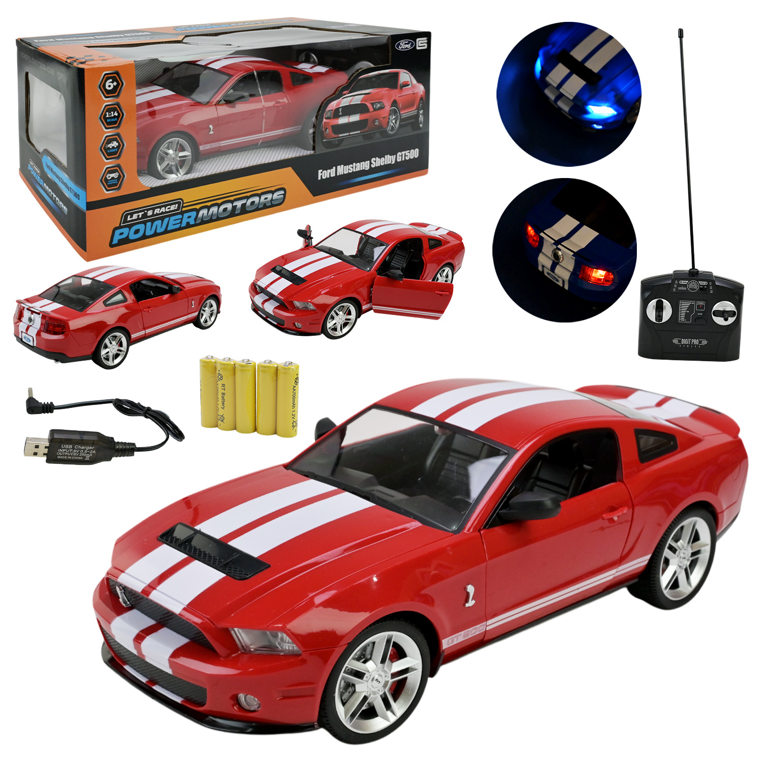 Машина р/к арт. PM1404 (12шт),"POWERMOTORS",1:14 FORD MUSTANG,червоний колiр, батарейки, світло, відкр.двері, кор. 45*19*17см