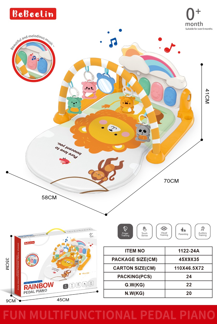 Килимок для малюків арт. 1122-24A (24шт)з брязкальцями, органчиком з великими клавішами,р-р 58*70*41см, у короб. 45*9*35см.
