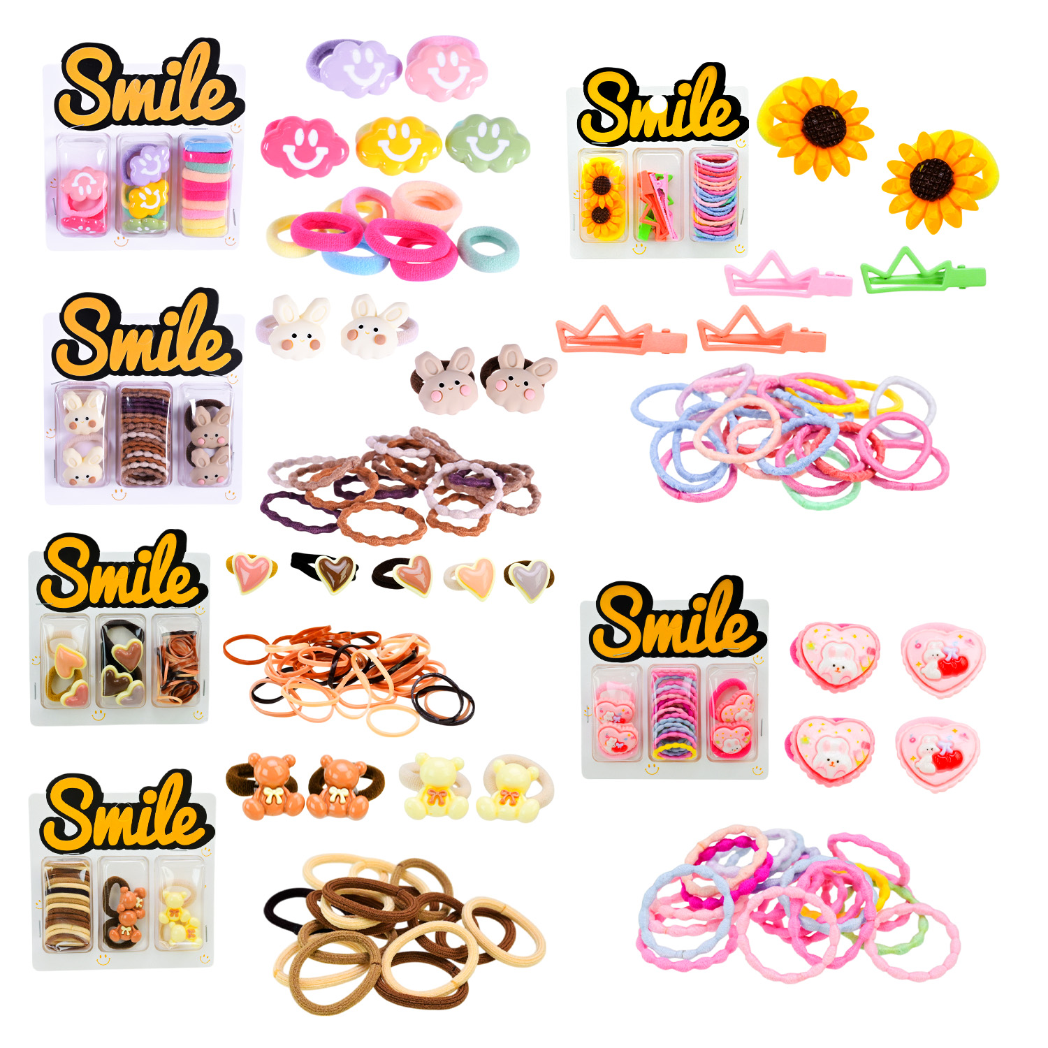 Аксесуари для волосся арт. CN240710 (180шт) мікс 6 видів, набір резиночки та заколки для волосся, на планшетці 10,5*1,5*11 см