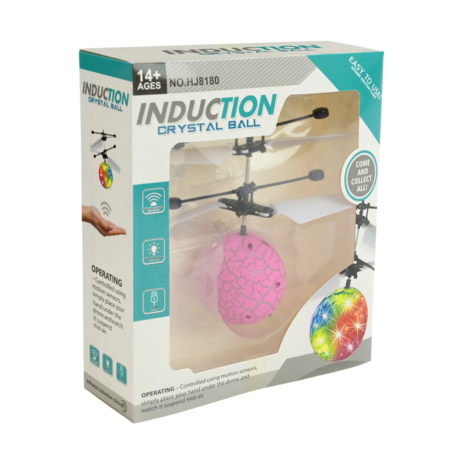 Запускачка арт. HJ8180C (120шт/2) Індукційна куля, батар. світло, 4 кольори, USB-зярядний пристрій, короб. 16*5*18см