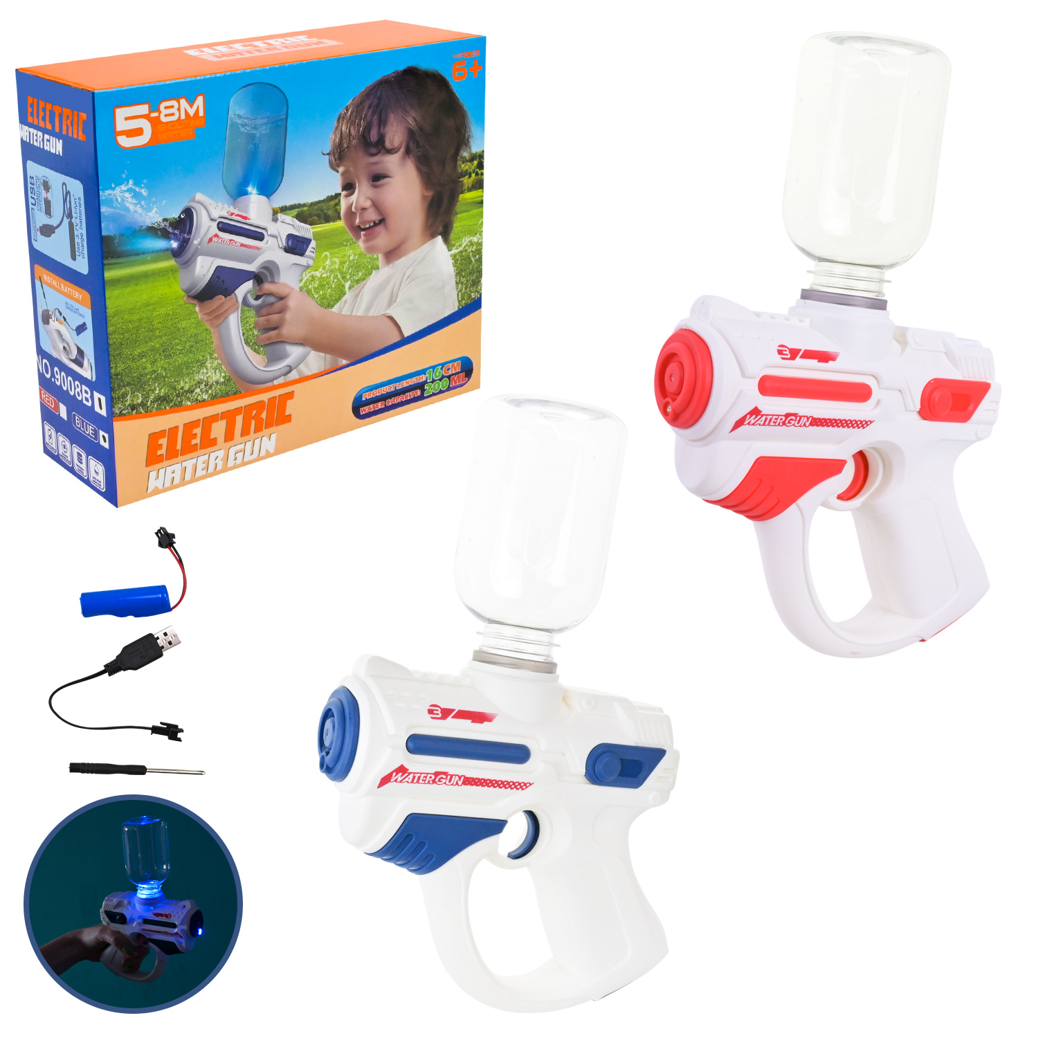 Водяний пістолет арт. 9008B (60шт/2) електричний на аккум.батарейці,2 кольори, 19*6,6*16,3 см в кор.