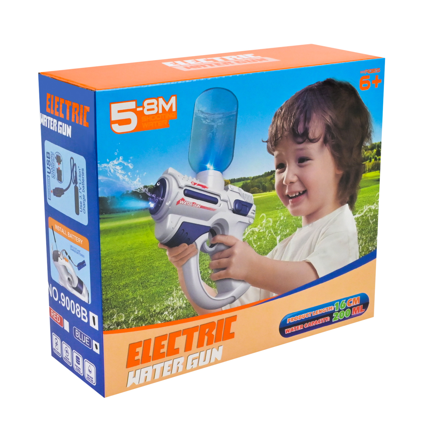 Водяний пістолет арт. 9008B (60шт/2) електричний на аккум.батарейці,2 кольори, 19*6,6*16,3 см в кор.