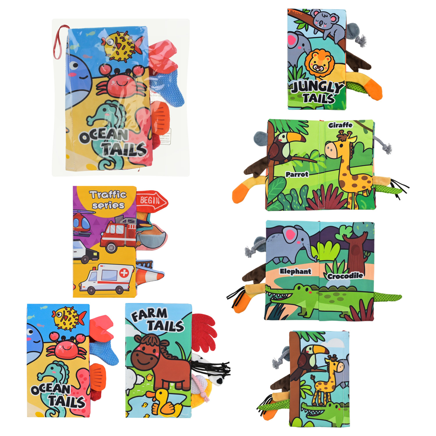 Книга м'яка арт. HE0206-37/61/39/38 (150шт) 4 види, тактильна, м'які хвости тварин,пакет 21*1,5*23см