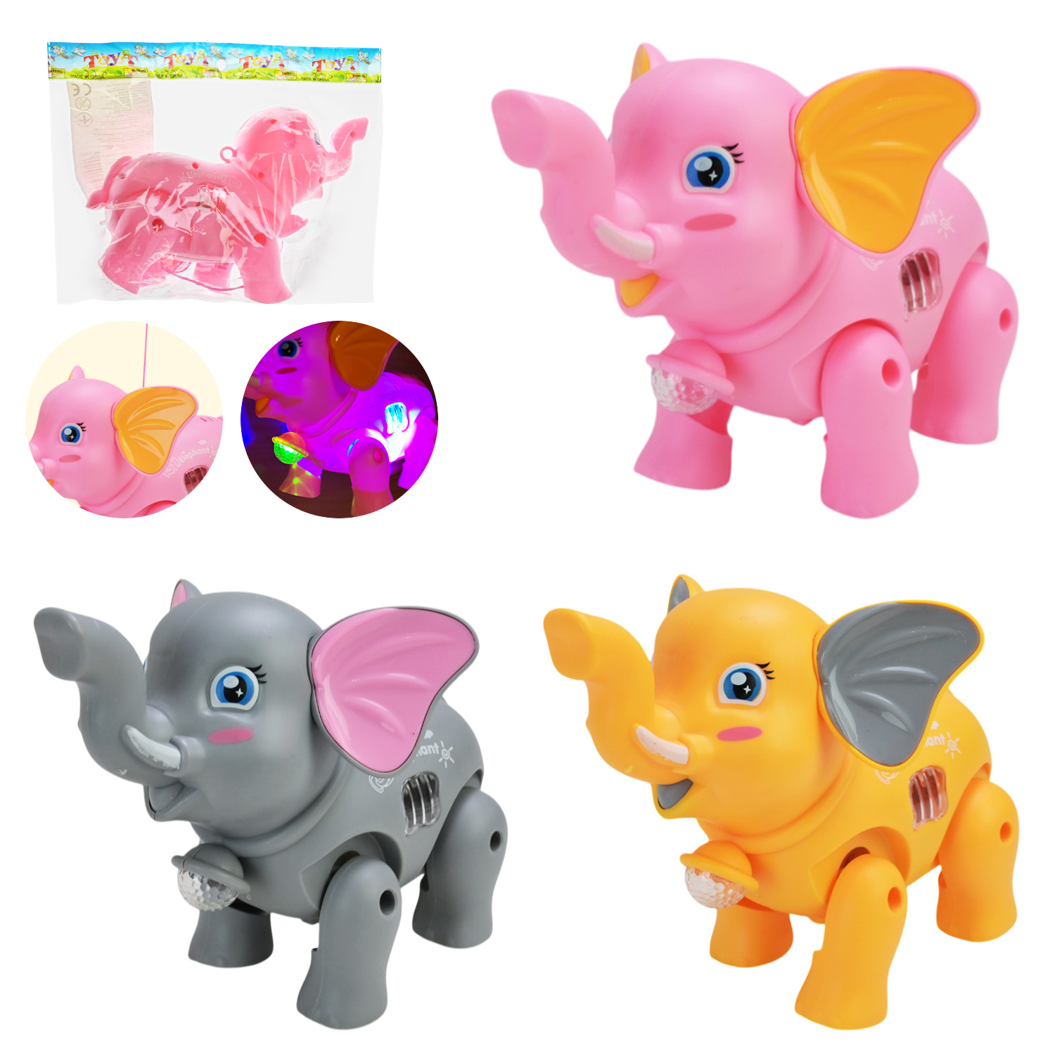 Слон муз. арт. 056 (180шт/2) батар., звук, світло,3 кольри мікс, пакет 26*21см