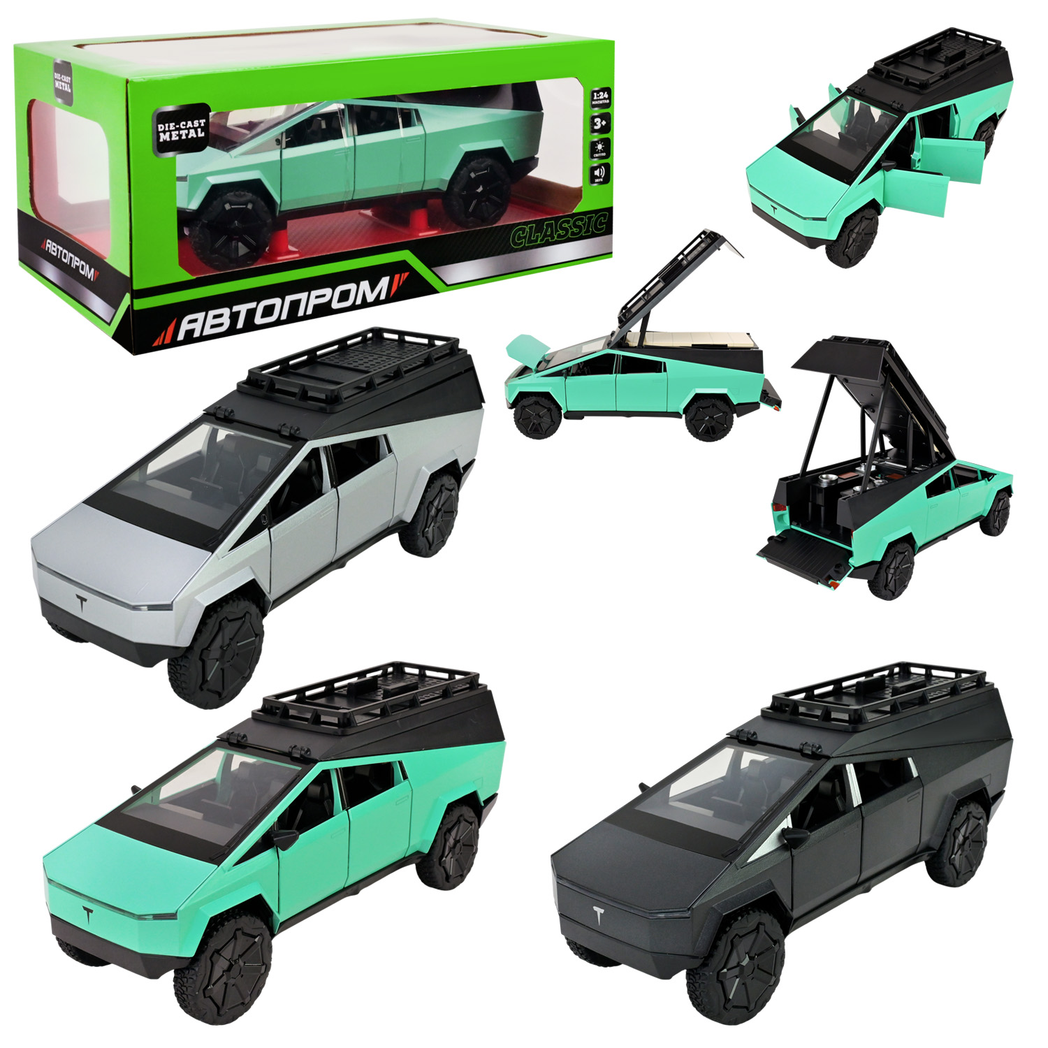 Машина мет. АВТОПРОМ арт. AP7727 (12шт/2) 1:24 Tesla pickups camring, батар,світло,звук,відкр.двері,короб. 28*16*12,8см