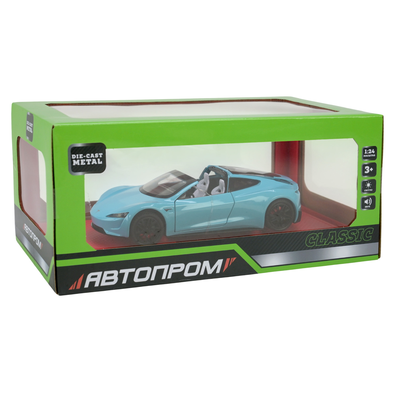 Машина мет. АВТОПРОМ арт. AP7729 (12шт/2) 1:24 Tesla roadster, батар,світло,звук,відкр.двері,короб. 28*16*12,8см