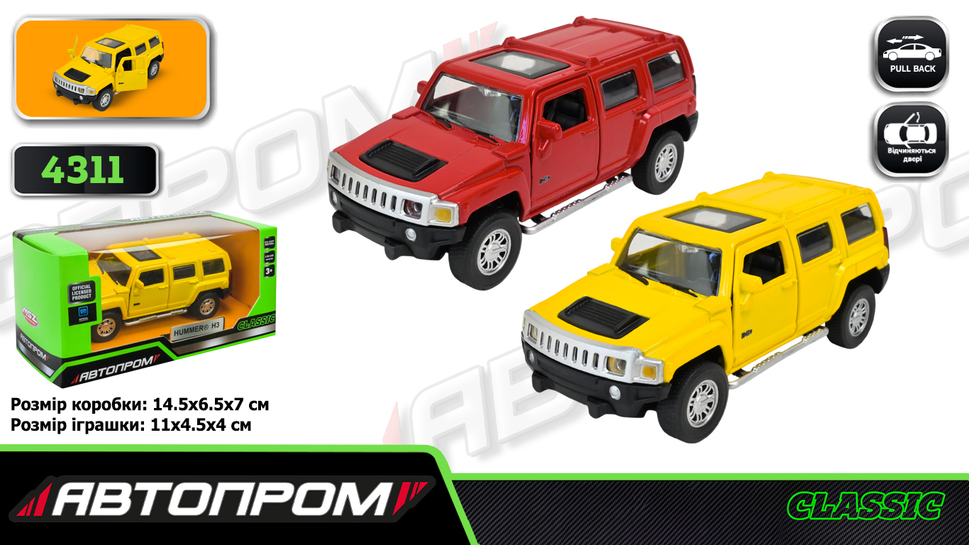 Машина мет. АВТОПРОМ арт. 4311 (96шт/2), 1:43 HUMMER, 3 кольор., откр.двері,  короб.  14,5 * 6,5 * 7см