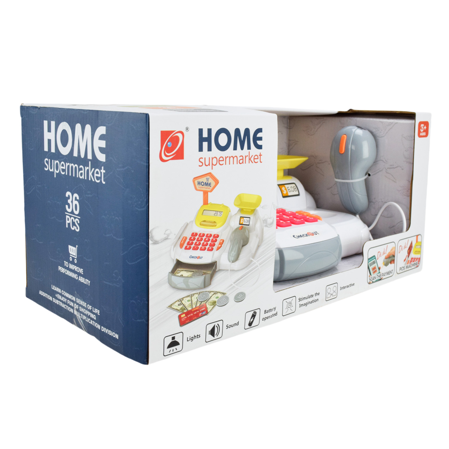 Каса арт. 668-115/116 (12шт/2)батар. мікс 2 види. світло-звук,касовий апарат,сканер,продукти,гроші короб. 36-18-17 см