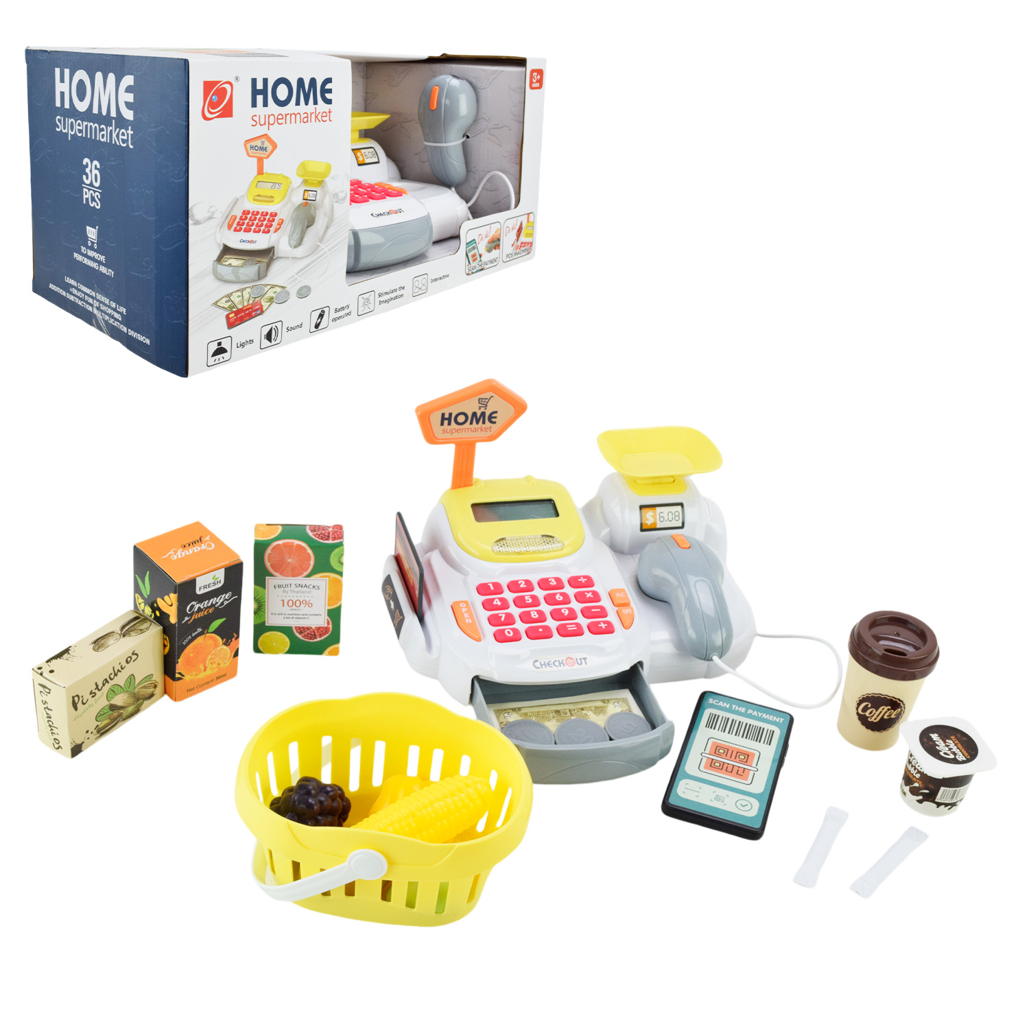 Каса арт. 668-115/116 (12шт/2)батар. мікс 2 види. світло-звук,касовий апарат,сканер,продукти,гроші короб. 36-18-17 см