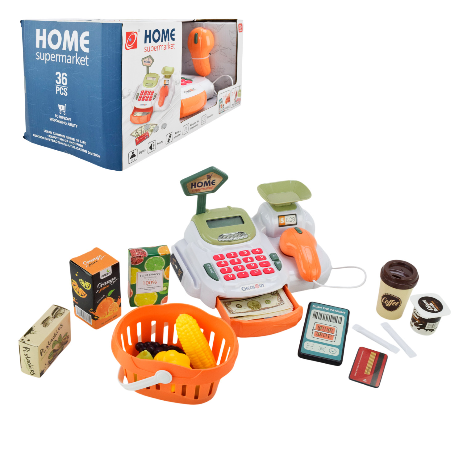 Каса арт. 668-115/116 (12шт/2)батар. мікс 2 види. світло-звук,касовий апарат,сканер,продукти,гроші короб. 36-18-17 см