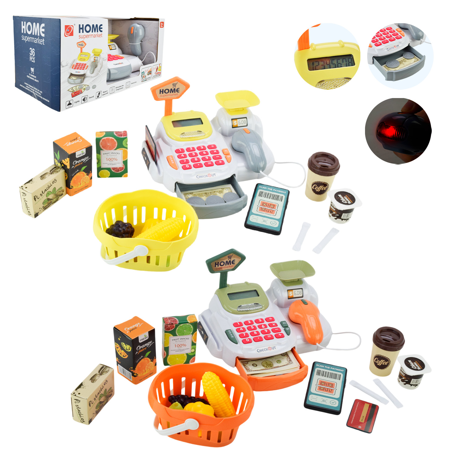 Каса арт. 668-115/116 (12шт/2)батар. мікс 2 види. світло-звук,касовий апарат,сканер,продукти,гроші короб. 36-18-17 см