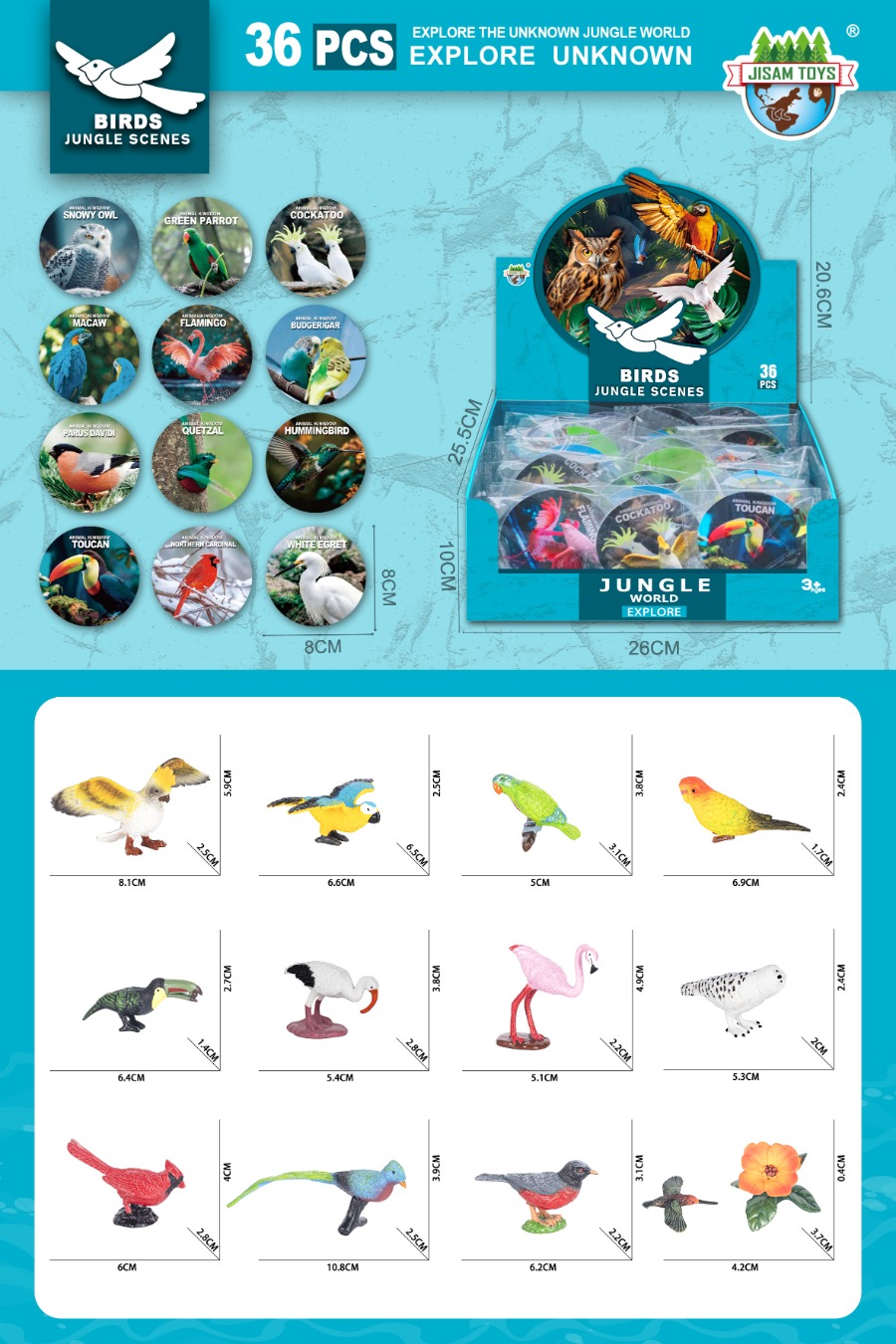 Тварини арт. JS20-7 (720шт) птахи, 36шт у боксі р-р 6*3*5см, бокс 26*10*25,5см