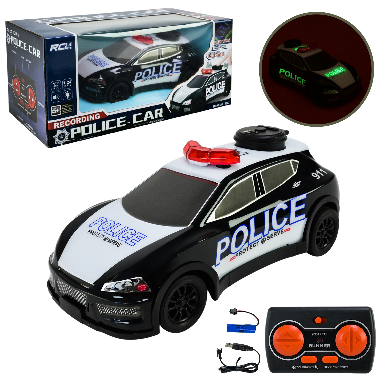 Машина  арт. 8803 (36шт/2)  р/к аккум., звук,Полиция, короб. 27*12,312,6см інструкція на анг світло, звук