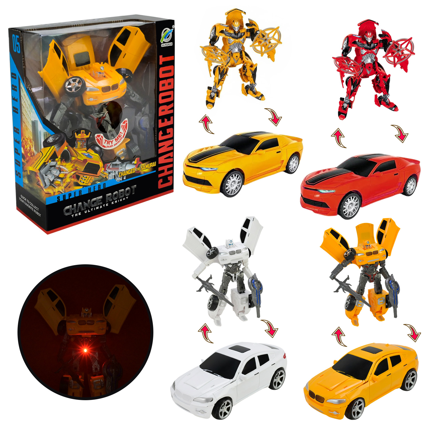 Трансформер арт. 38-26 (72шт/2) 2 види по 2 кольори, світло, звук, короб. 20*7,5*24см