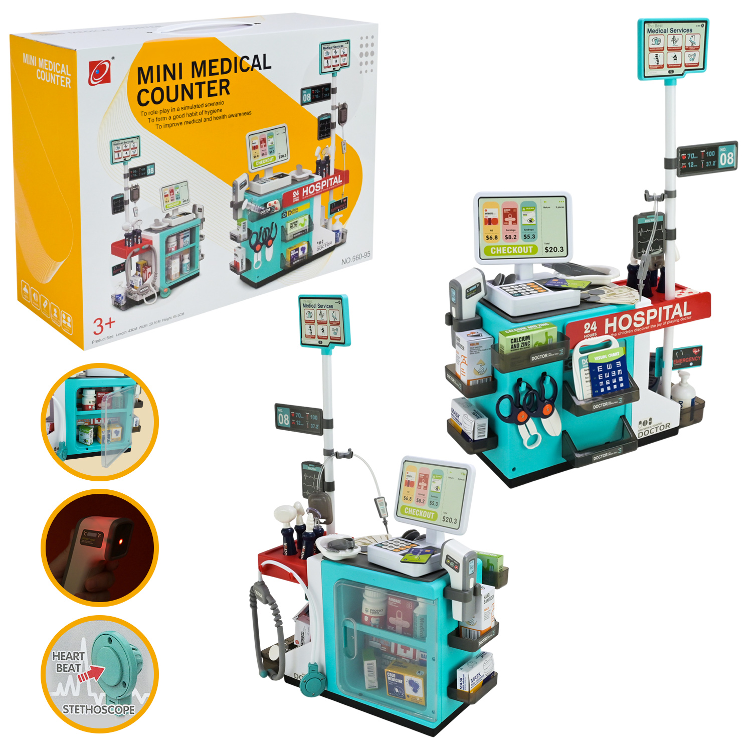 Лікар набір арт. 660-95 (18шт/2) батар. 49 предметів, світло, звук короб. 47*66*20,5 см