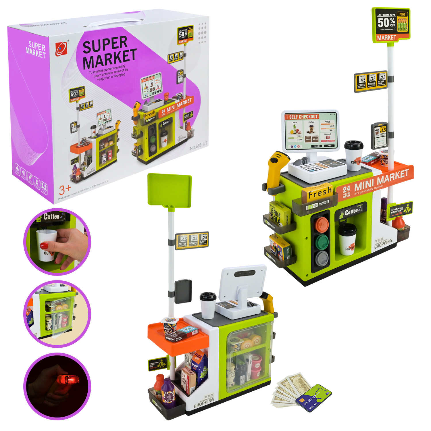 Супермаркет набір  арт. 668-172 (18шт/2) батар, 46 предметів, світло, звук , каса, аксес  47*66*20,5 см
