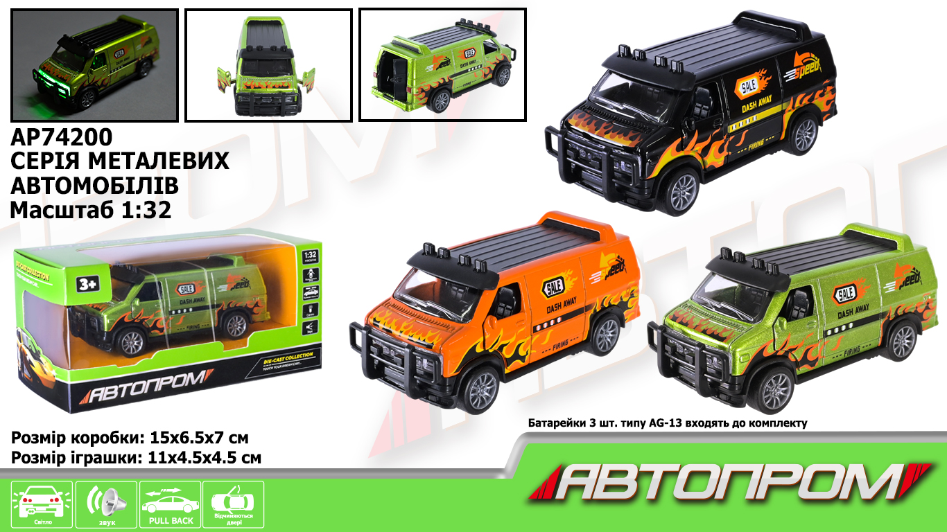 Машина мет. АВТОПРОМ арт. AP74200 (48шт) 1:32,3 кольори, відкр.двері, батар.,світ., звук,короб.15*6,5*7см