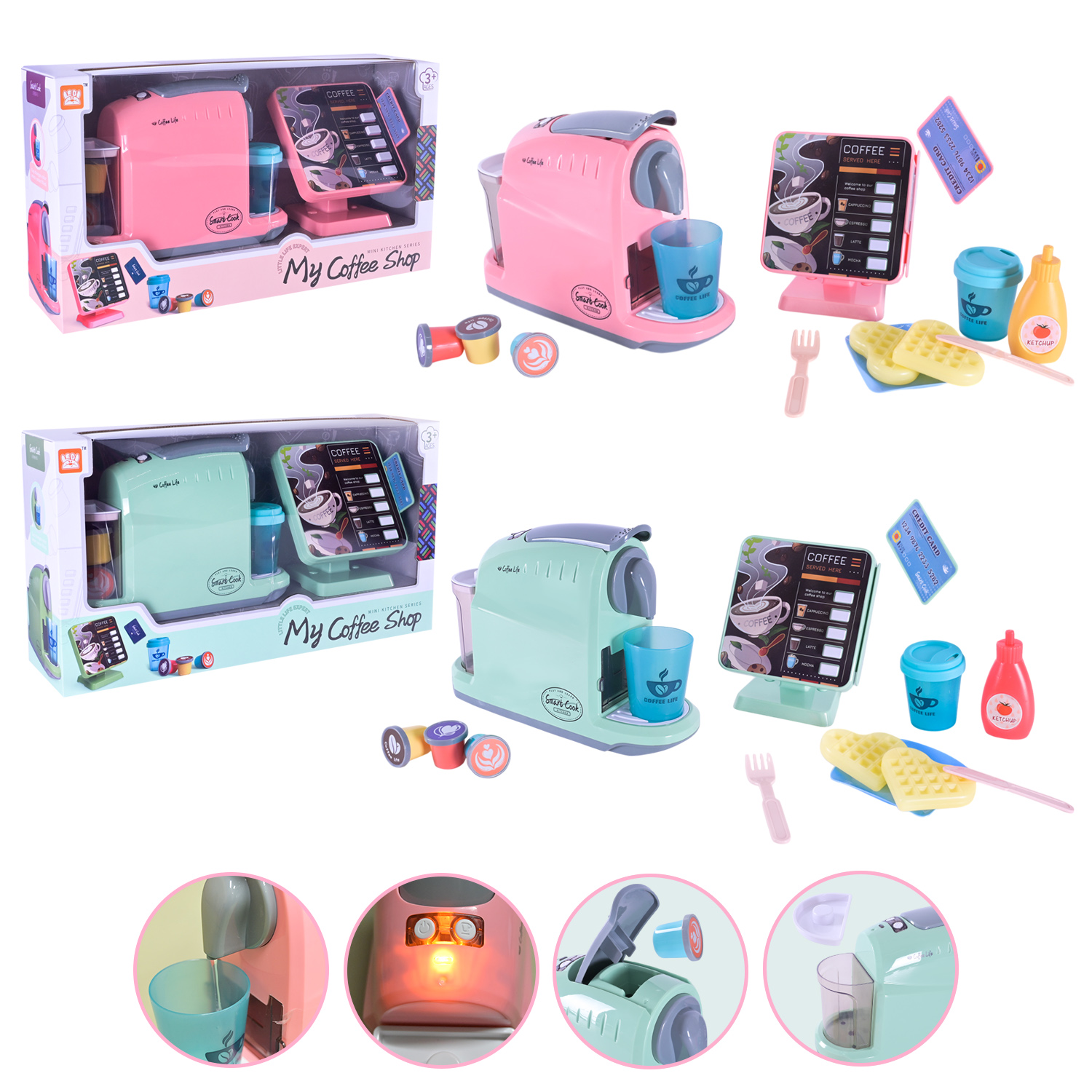 Кафе набір арт. LD-6610A/B (24шт/2)  батар. світло, звук, мікс 2 види, Кавоварка тече вода, та касса. Аксес, сенсорне керування короб. 41*11*23см