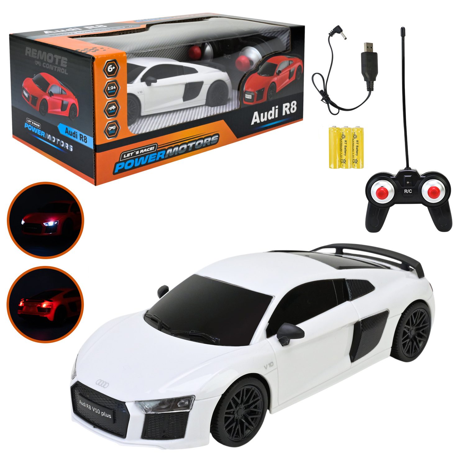 Машина р/к арт. PM2408 WHITE (24шт),"POWERMOTORS",1:24 AUDI R8,бiлий колiр, акум.,світло у кор.26,5*14*10,5см.