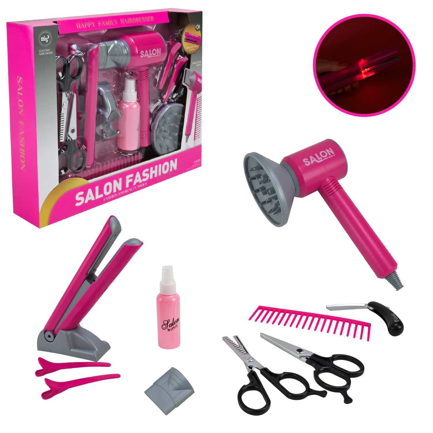 Перукаря набір арт. 2317 (24шт/2) батар., світло, звук, фен дує, стайлер звук, ножиці, гребінець, аксесуари для волосся короб. 30*36*7 см