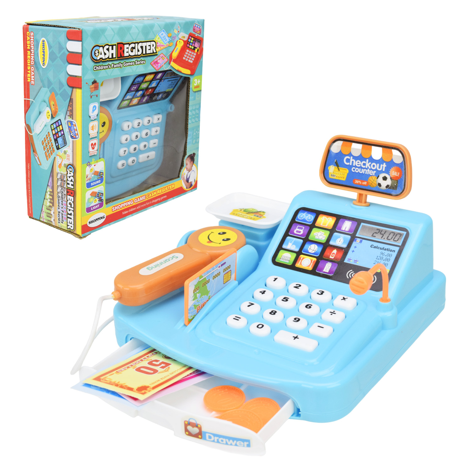 Касовий апарат арт. 777-21/23/24 (144шт/2)батар. блакитний,сканер, гроши, світло, звук короб. 8*12,5*18,5см