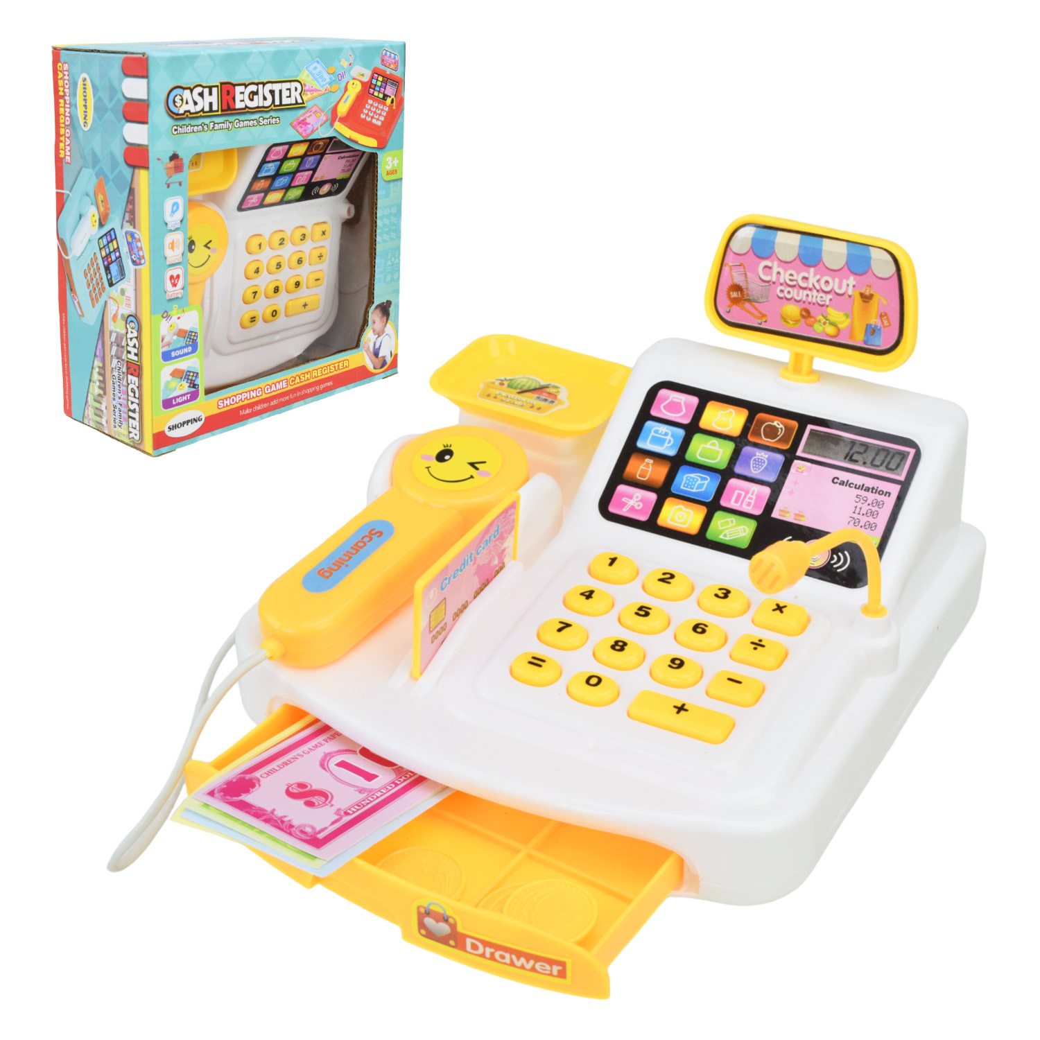 Касовий апарат арт. 777-21/23/24 (144шт/2)батар.,білий,сканер, гроши, світло, звук короб. 8*12,5*18,5см