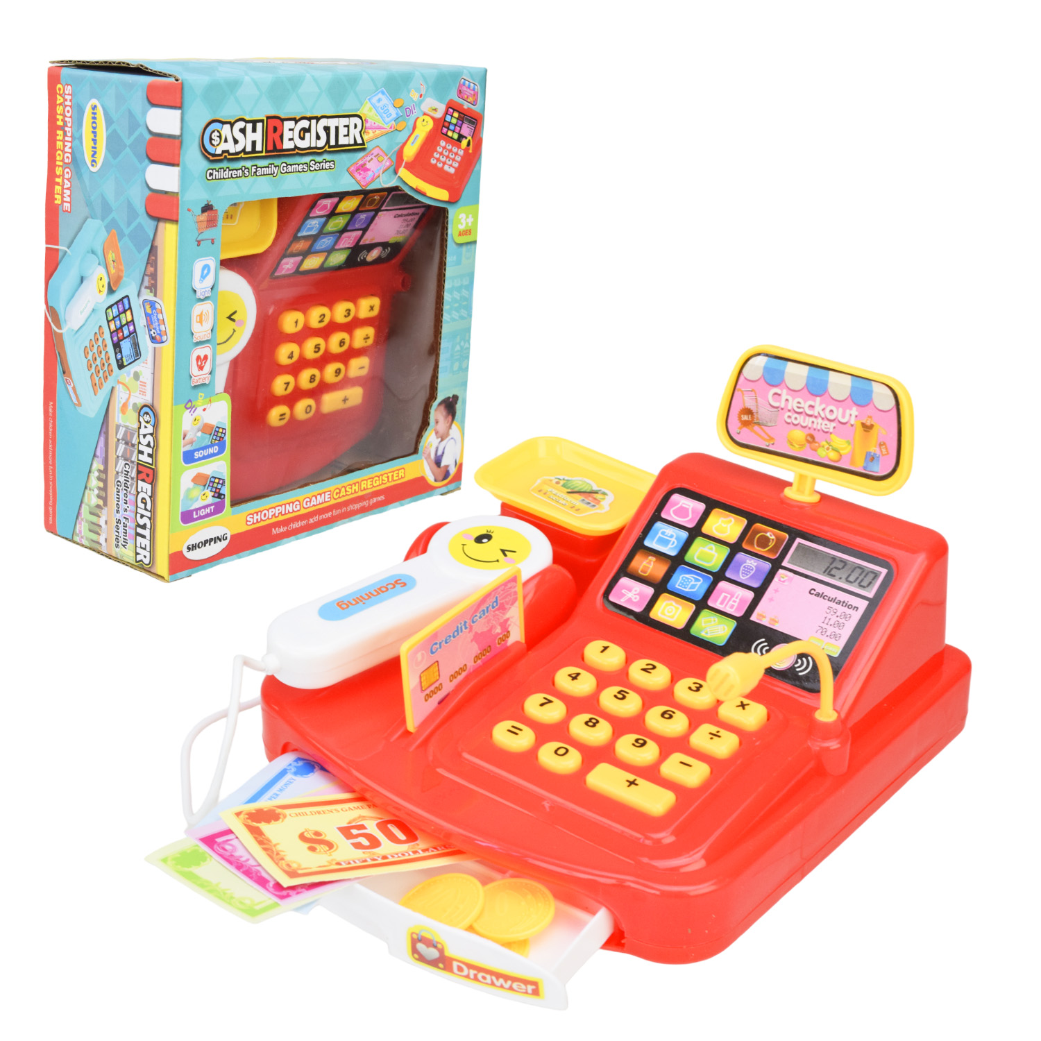 Касовий апарат арт. 777-21/23/24 (144шт/2) червоний,батар. мікс 3 види,сканер, гроши, світло, звук короб. 8*12,5*18,5см