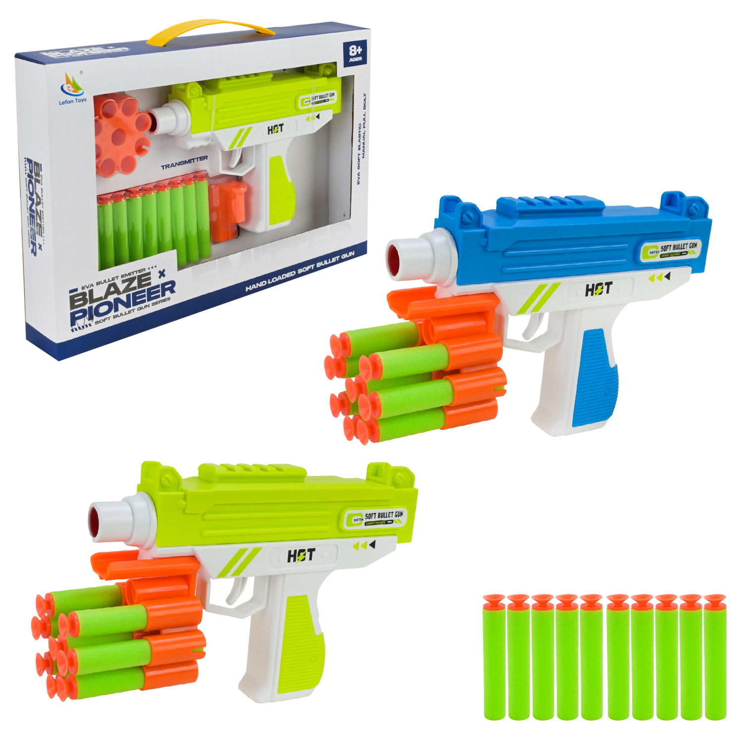 Пістолет арт. 9976-1 (72шт/2)  2кольора, стріляє поролон. знарядами,10поролн зарядів короб. 32,5*4,5*21см