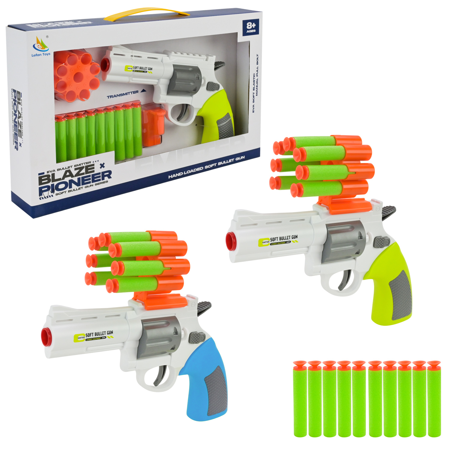 Пістолет арт. 9977-1 (72шт/2)  2кольора, стріляє поролон. знарядами,10поролн зарядів короб. 34,5*5*21см