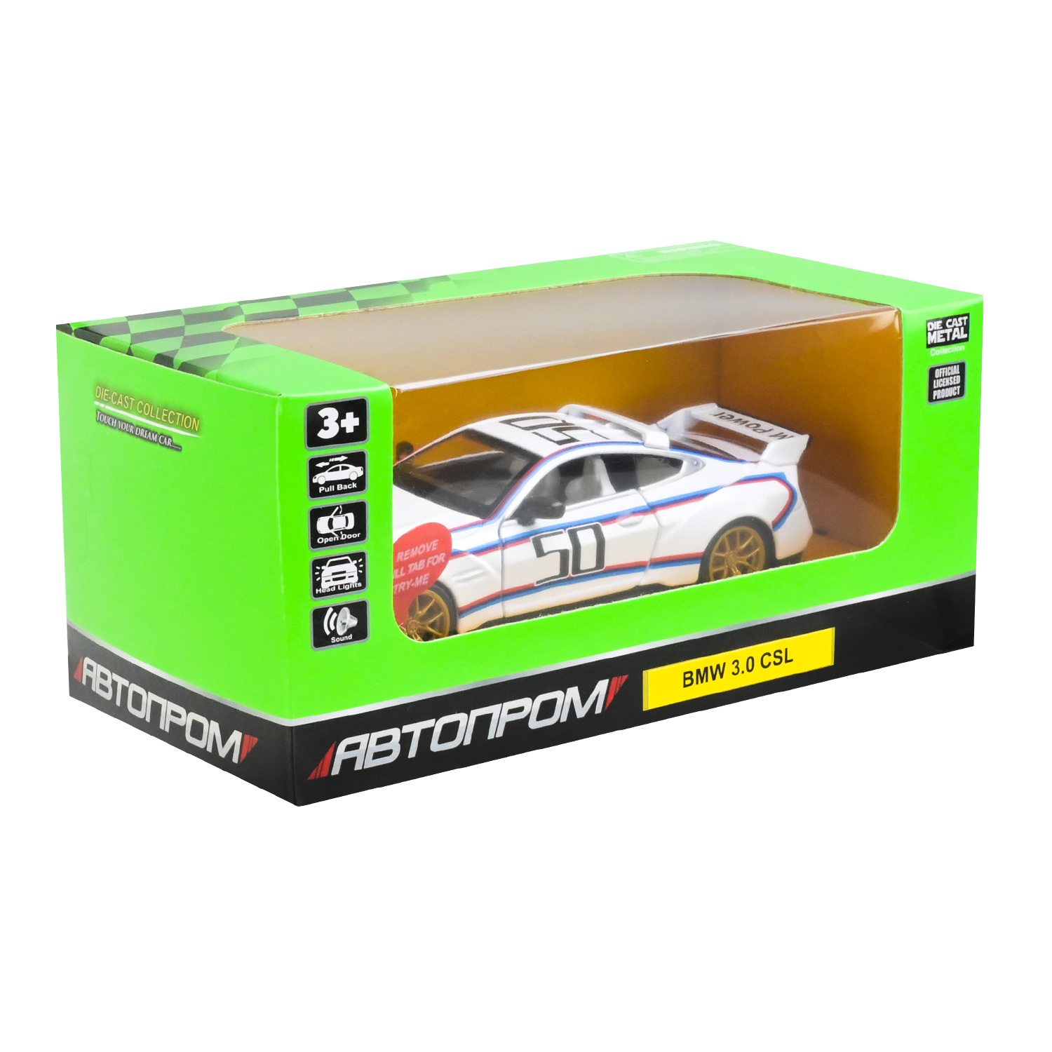 Машина металл 68732A (48шт/2) "АВТОПРОМ",1:34 "BMW 3.0 CSL",батар, свет,звук,откр.двери,в коробке 18*9*8 см