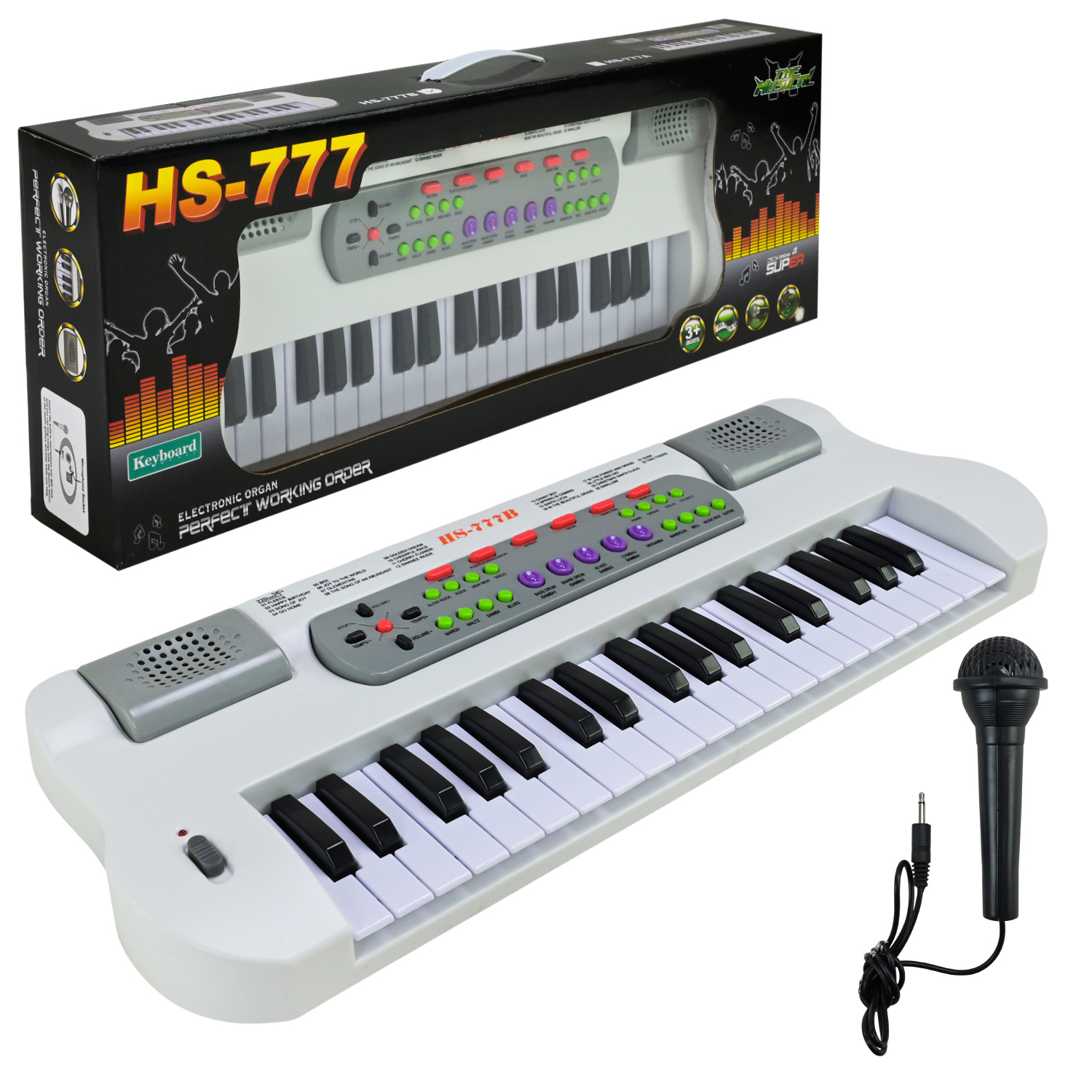 Піаніно арт. HS777B (24 шт/2) мікрофон. 37 клавіш, 8 тембрів, 8 ритмів, 4 ударні звуки, 22 демо, р-р 50*18**6 см, короб. 58*8,5*21,5см