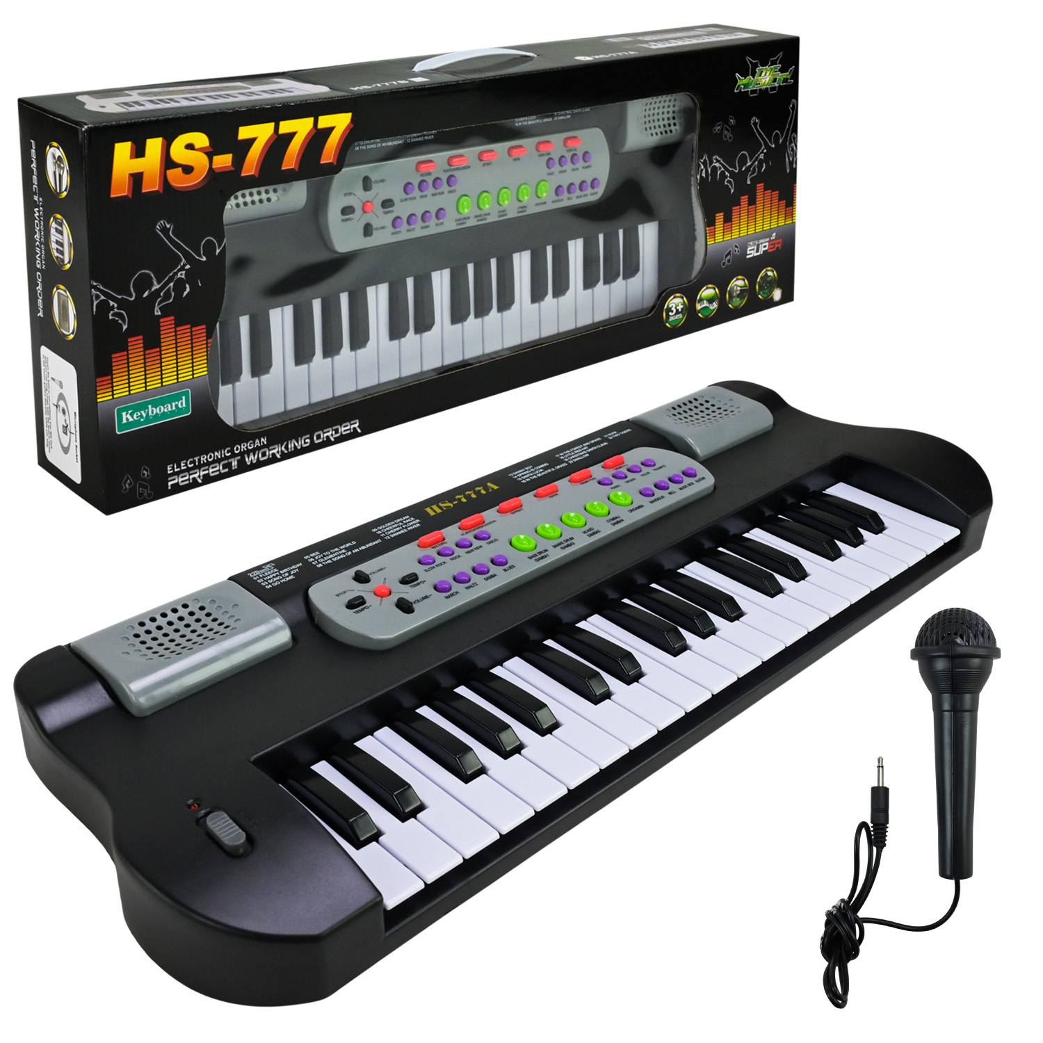 Піаніно арт. HS777A (24шт/2) мікрофон. 37 клавіш, 8 тембрів, 8 ритмів, 4 ударні звуки, 22 демо, р-р 50*18**6 см, короб. 58*8,5*21,5см