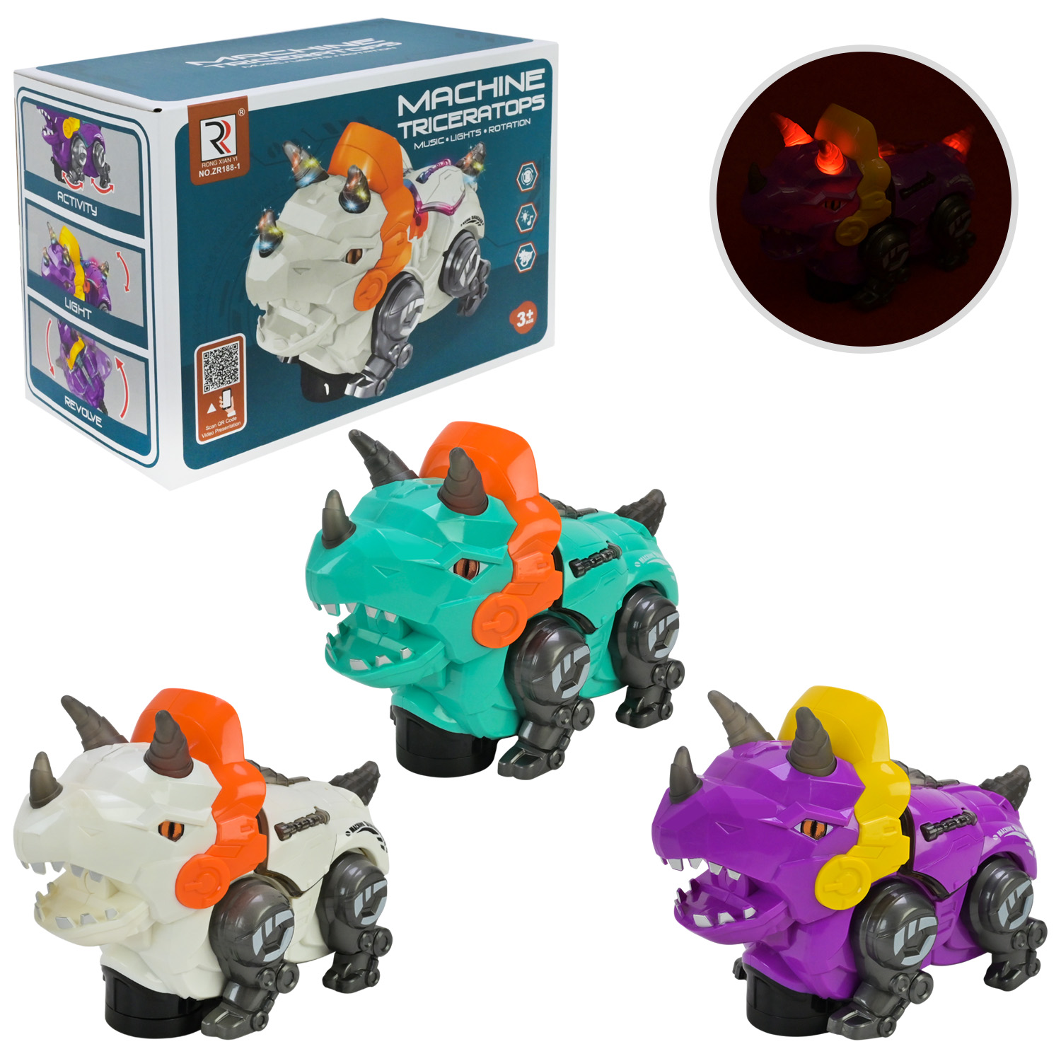 Машинка-тваринка  арт. ZR188-1 (72шт/2) 3 кольорибатар. світо, звук, обертається, у  короб. 21*10,8*14,5 см