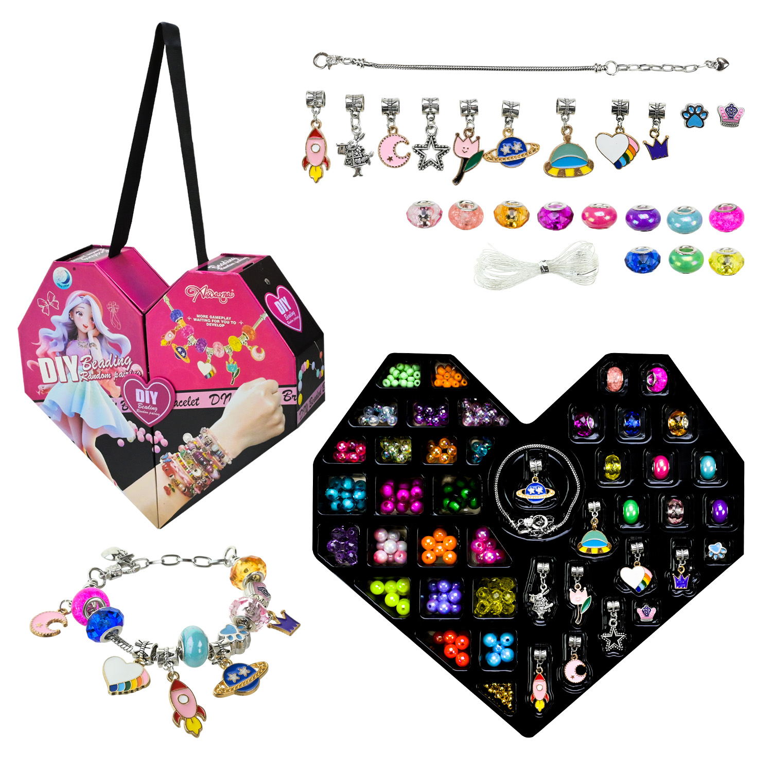 Набір аксесуари для дівчат арт. B4346 (60шт/2)   сумочка у формі сердця, металеві та пластикові намистини, браслет короб. 40*23*7см