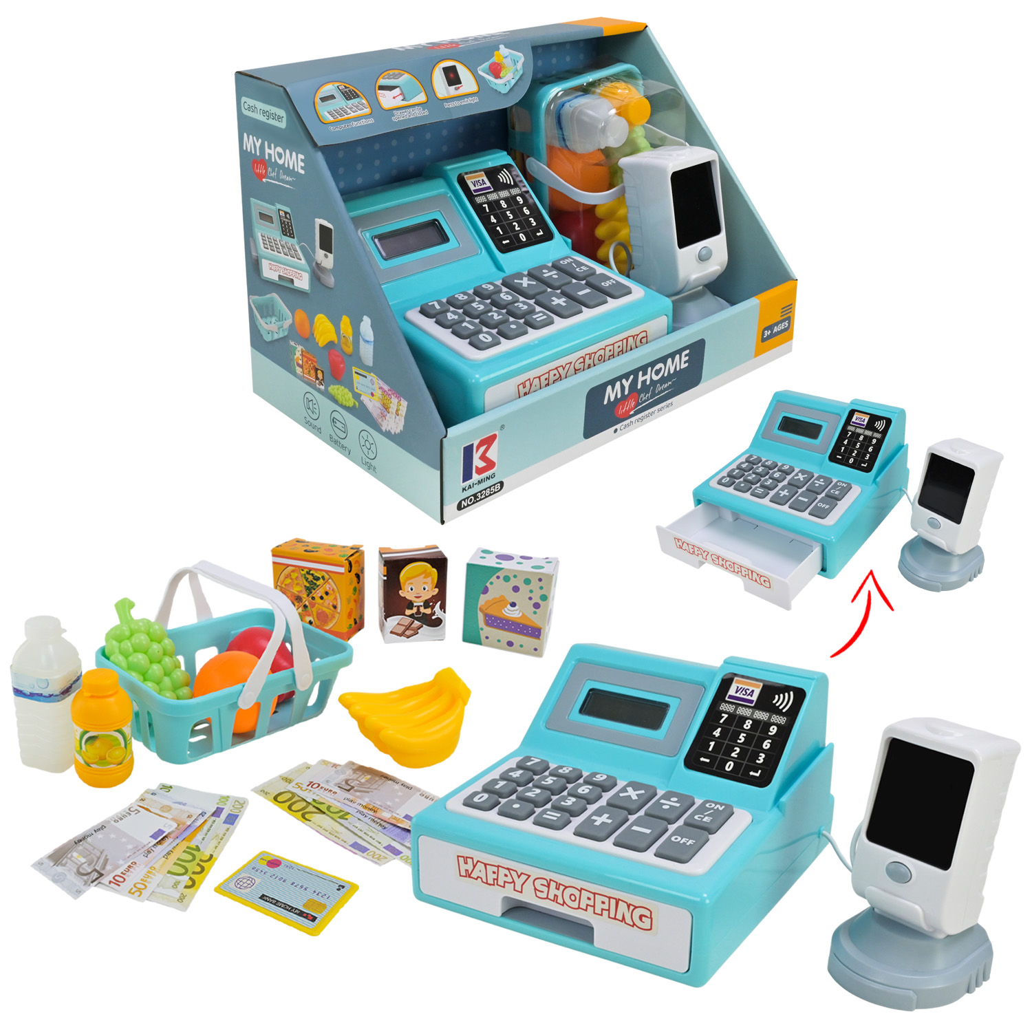 Каса арт. 3285B (24шт) батар, світло, звук, сканер,  кошик з продуктами, гроші, банківська картка, короб. 29,7*18,6*20,5 см