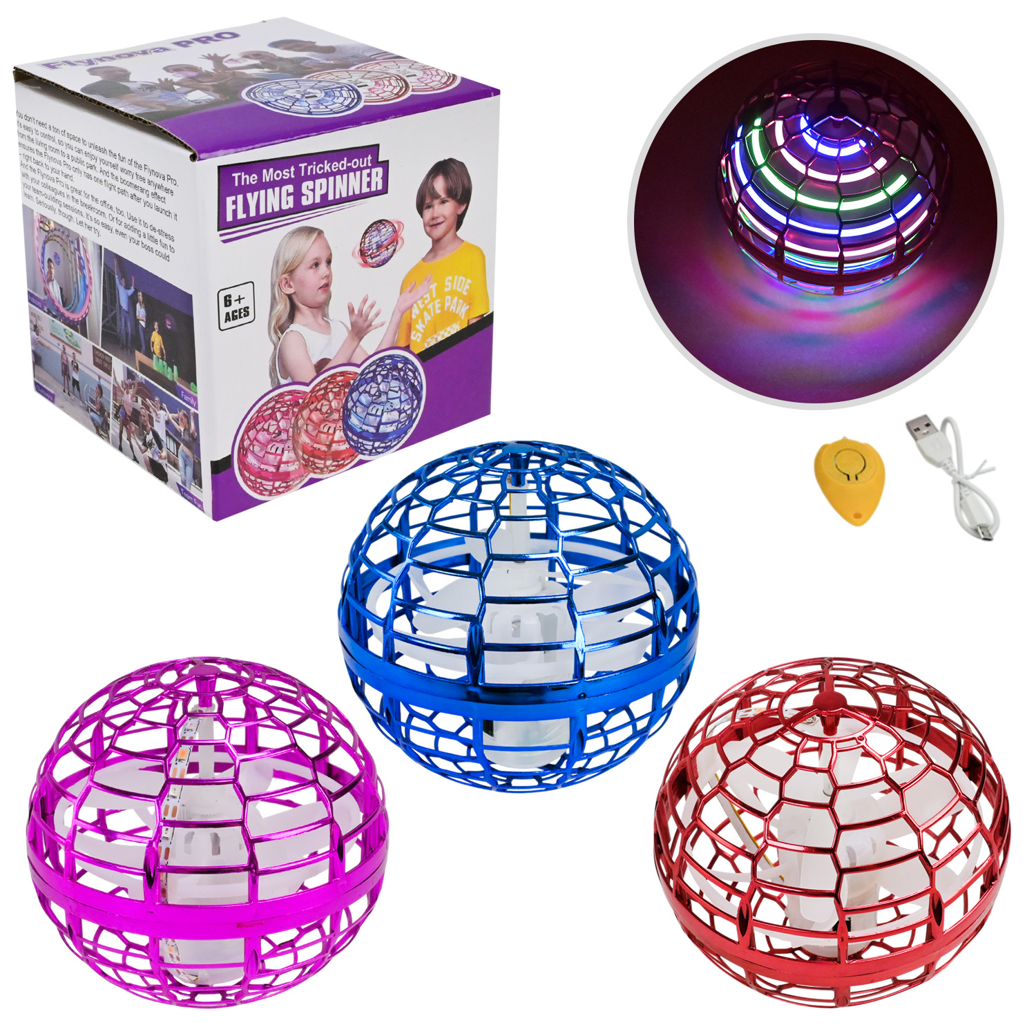 Запускачка  р/к арт. 988 (60шт/2) Літаюча куля бумеранг, 3 кольри, LED підсвічування, USB-зярядний пристрій,  короб.10*10*10 см, р-р іграшки 9.5 см
