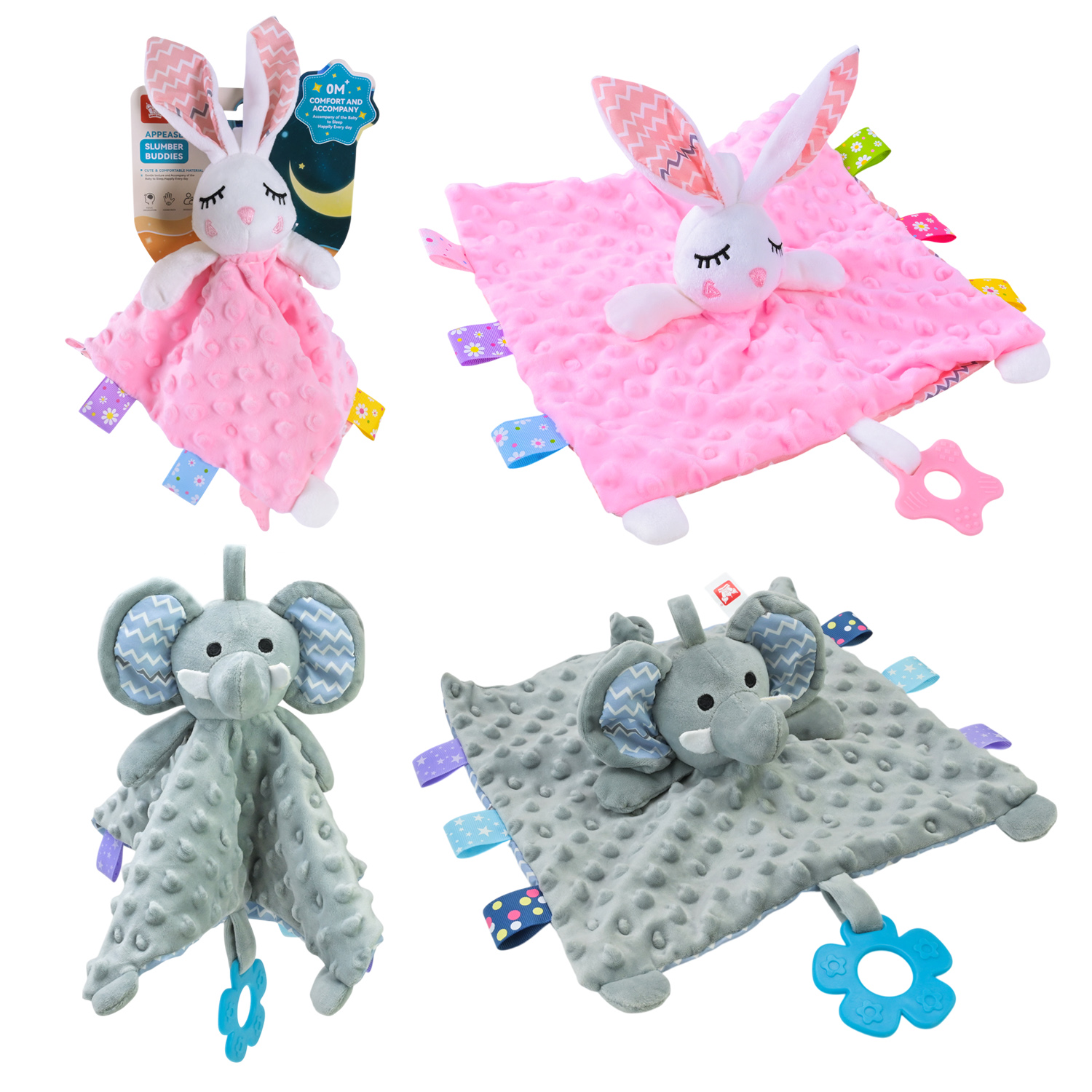 Іграшка брязкальце м'яке арт. 100K-Q(1)/(2) (180шт/2) Слоник/Зайка, тактильна, р-р брязкальца: 28*29*8 см, планшет 16*9*24 см.