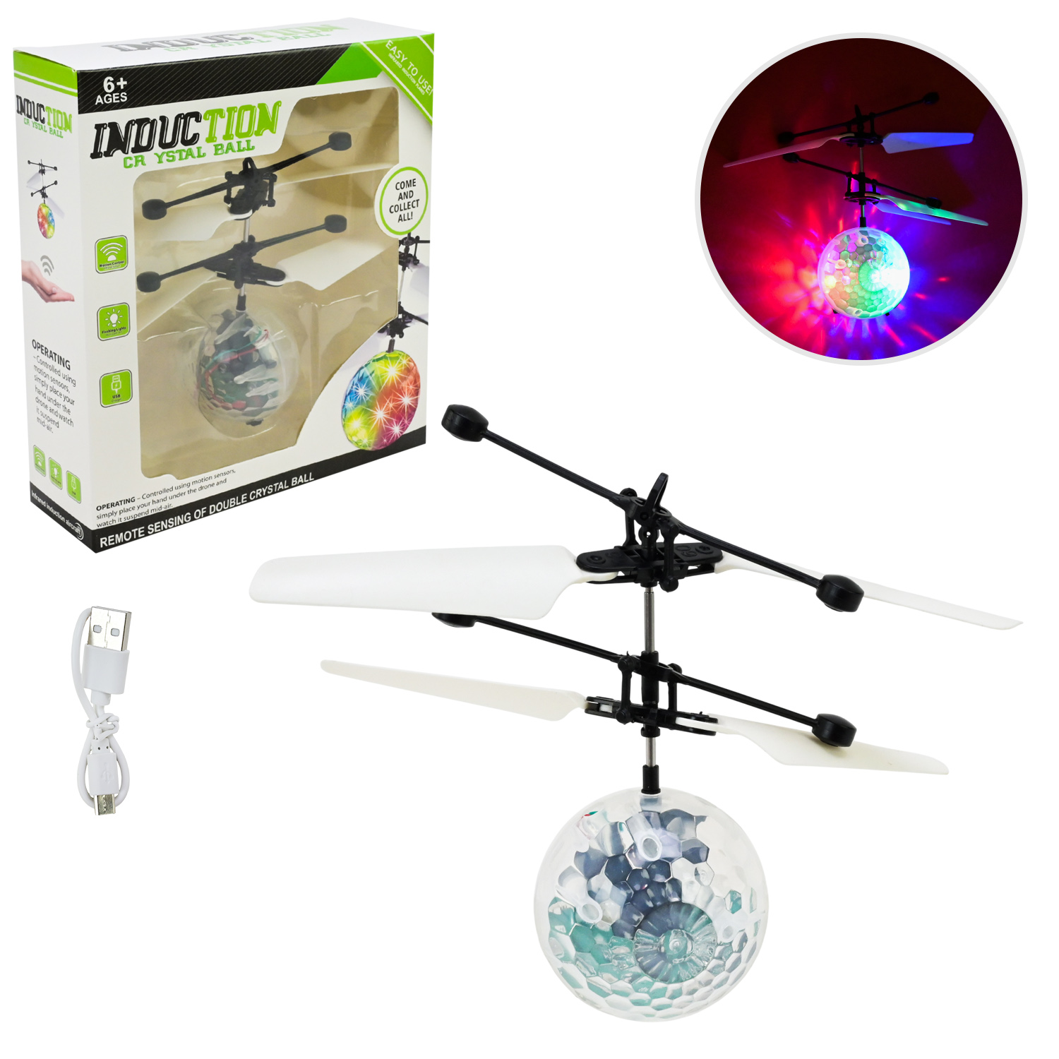 Запускачка арт. 804 (120шт/2) індукційна куля, батар. світло, мікс кольорів, USB-зярядний пристрій, короб. 16,2*5,5*19,2см