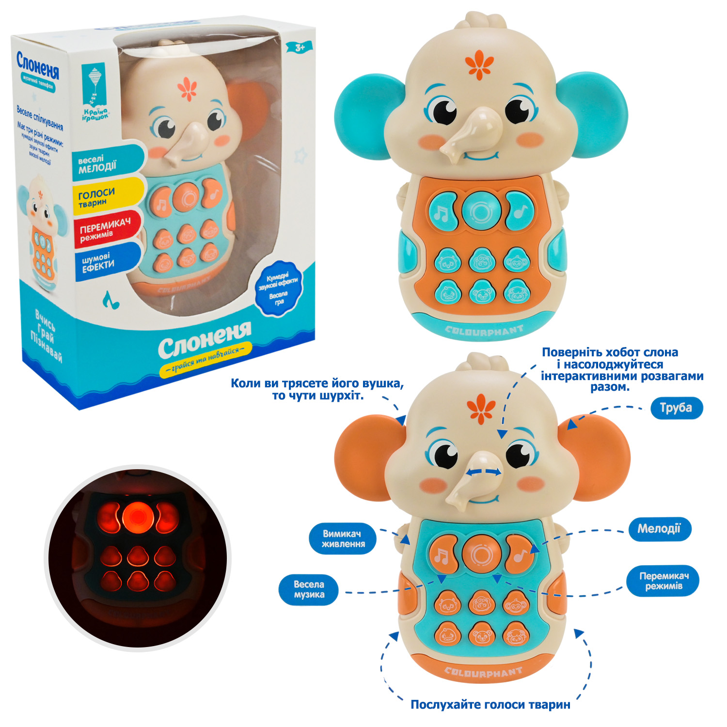 Телефончик арт. PL-724-12 (144шт/2)"Грайся та навчайся", Слоненя, музичні ефекти, звуки,2 вида короб. 13,5*5,5*15,5