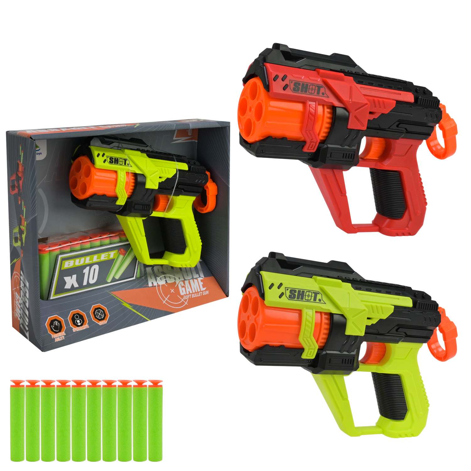 Бластер арт. 9956-1 (72шт/2) 2кольора,стріляє поролон. знарядами, 10поролон. Знарядів у наборі короб. 26*6,5*21,5см