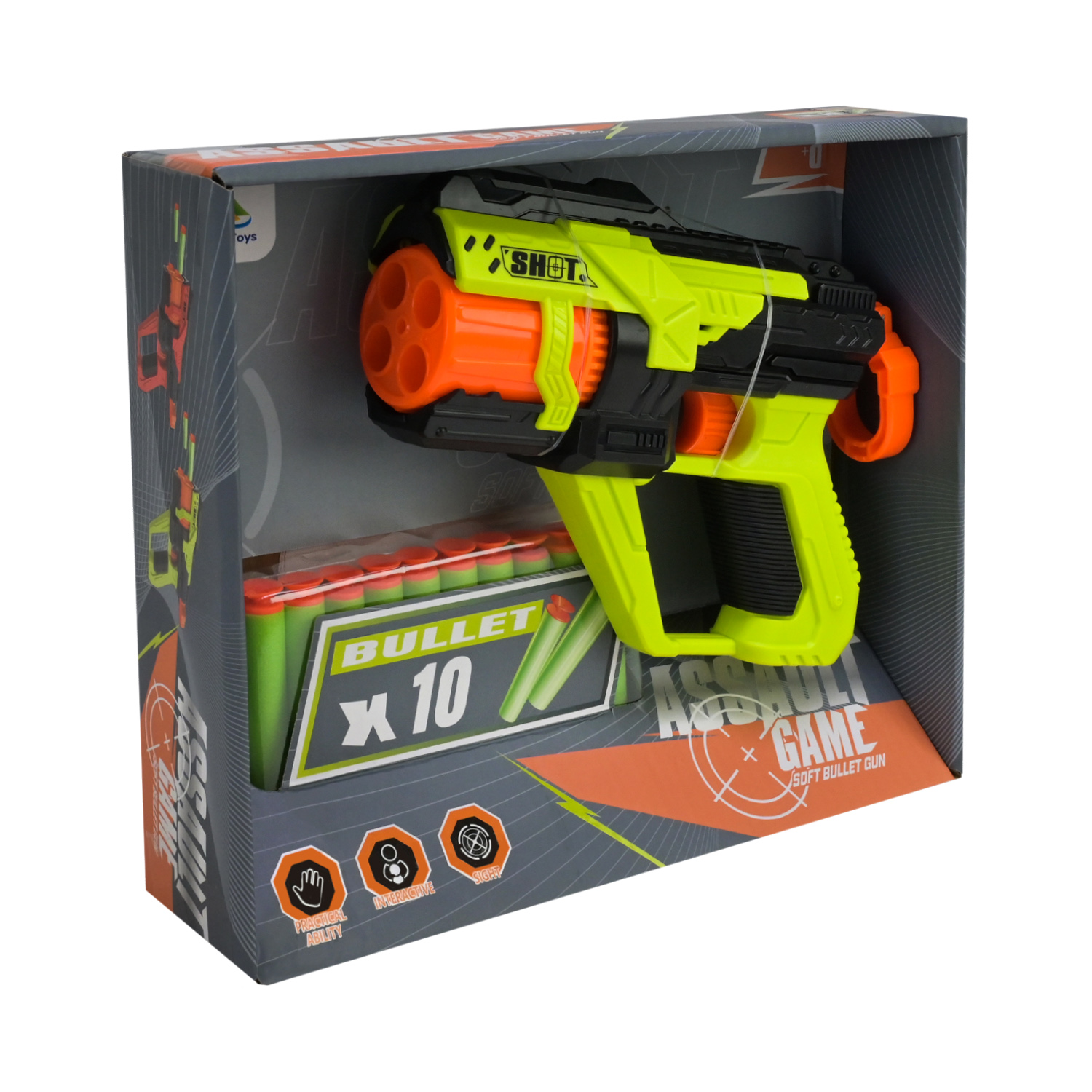 Бластер арт. 9956-1 (72шт/2) 2кольора,стріляє поролон. знарядами, 10поролон. Знарядів у наборі короб. 26*6,5*21,5см