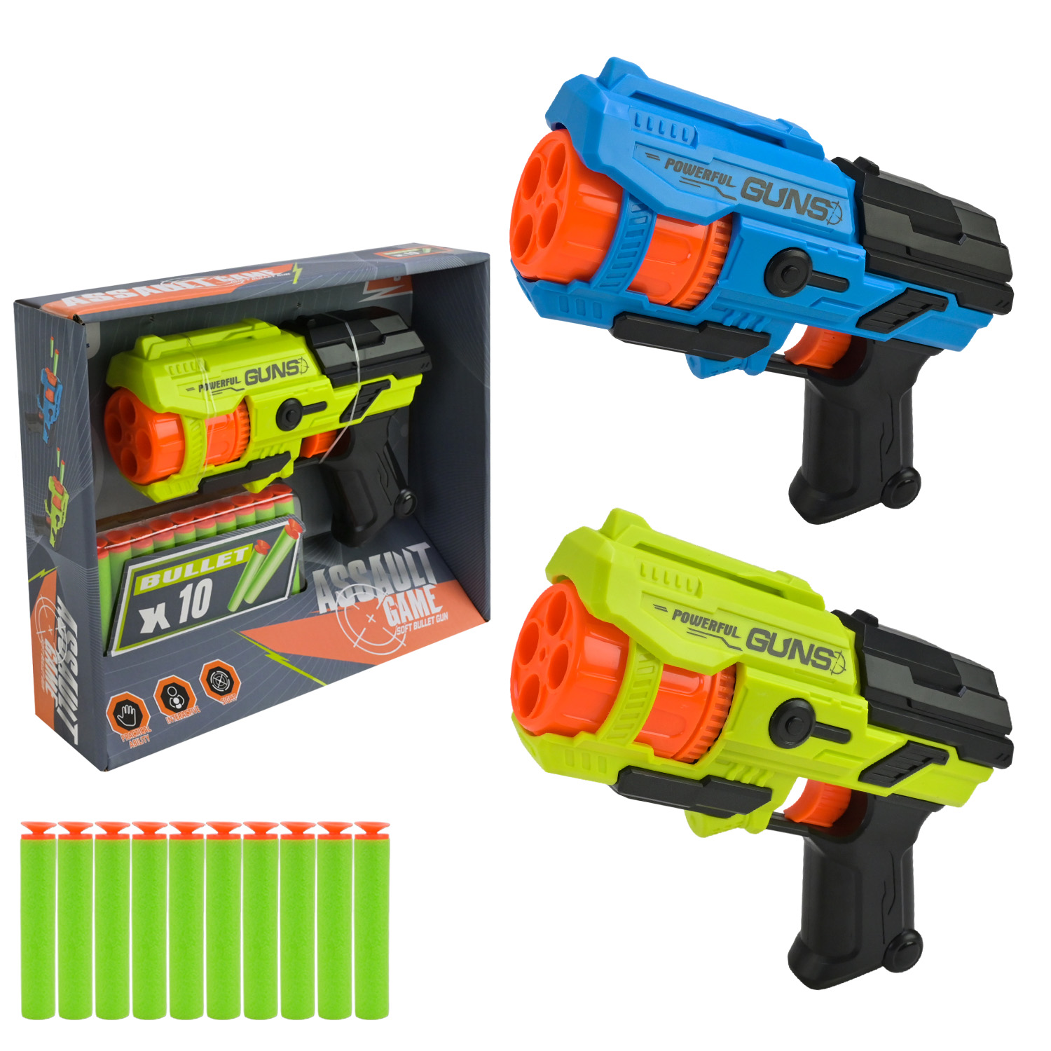 Бластер арт. 9957-1 (72шт/2) 2кольора,стріляє поролон. знарядами, 10поролон. Знарядів у наборі короб. 26*6,5*21,5см