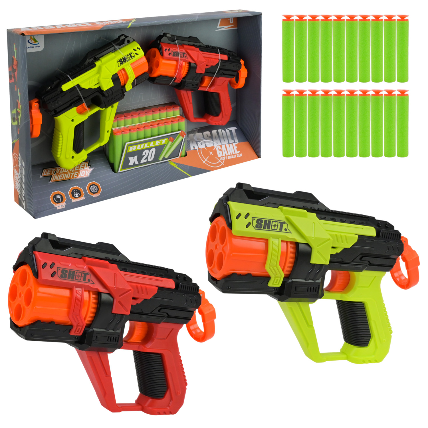 Бластер арт. 9956-2 (36шт/2) 2бластера в наборі ,стріляє поролон. знарядами, 20поролон. Знарядів у наборі короб. 41,7*6,5*21,5см